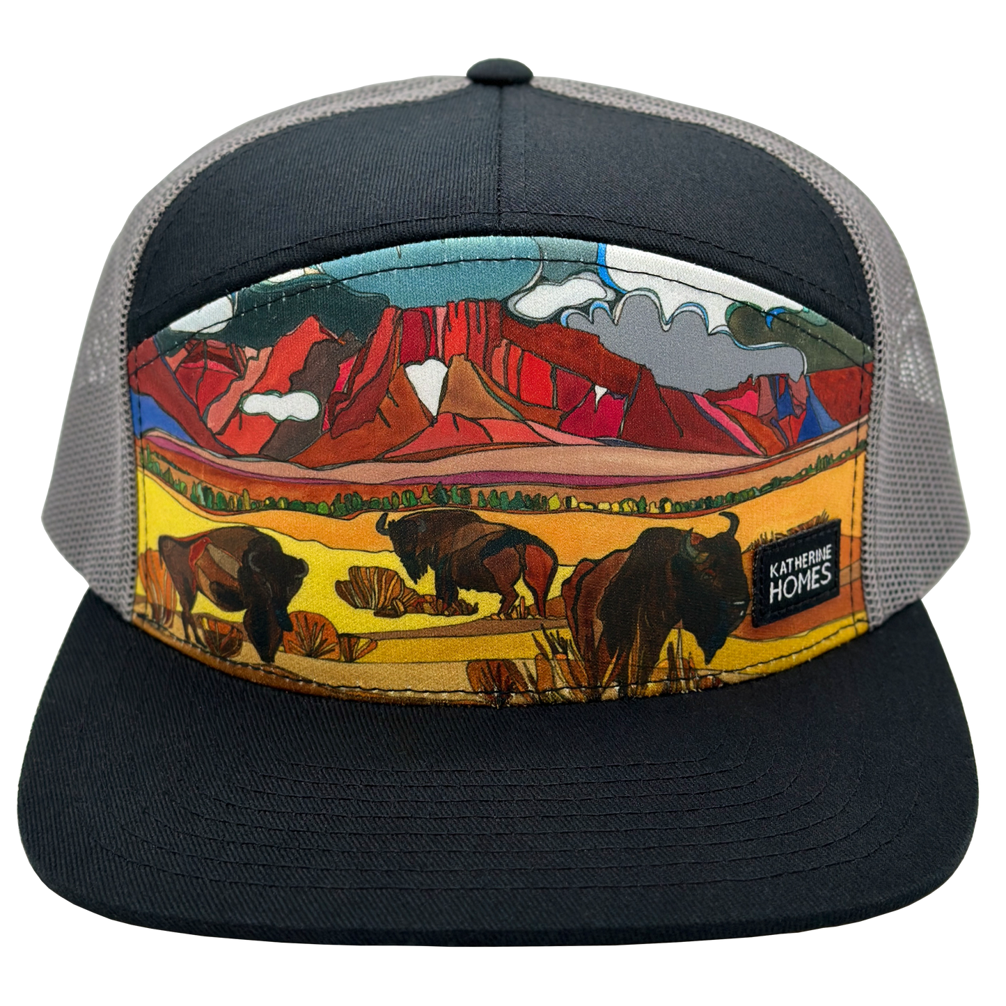 Bison & Prairielands | Black & Grey | 7 Panel Hat