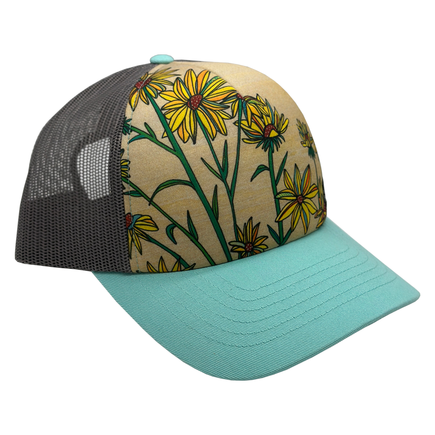 Whorled Sunflowers | Trucker Hat | Aqua | 100% Recycled Grey Mesh