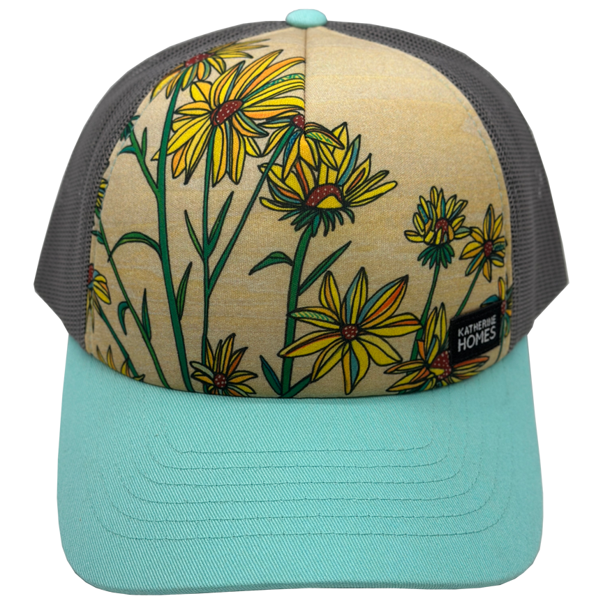 Whorled Sunflowers | Trucker Hat | Aqua | 100% Recycled Grey Mesh