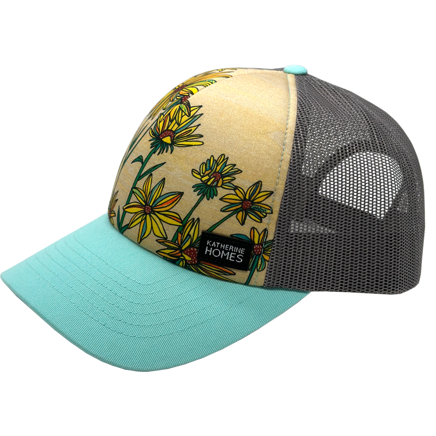 Whorled Sunflowers | Trucker Hat | Aqua | 100% Recycled Grey Mesh