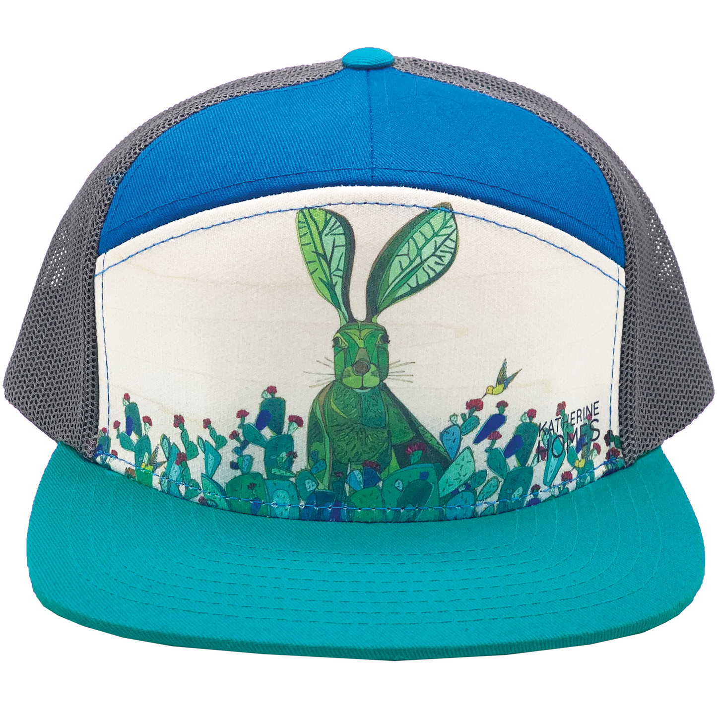 Jackrabbit + Cacti | YOUTH | 7 Panel Hat | Aqua, Royal, and 100% Recycled Grey Mesh