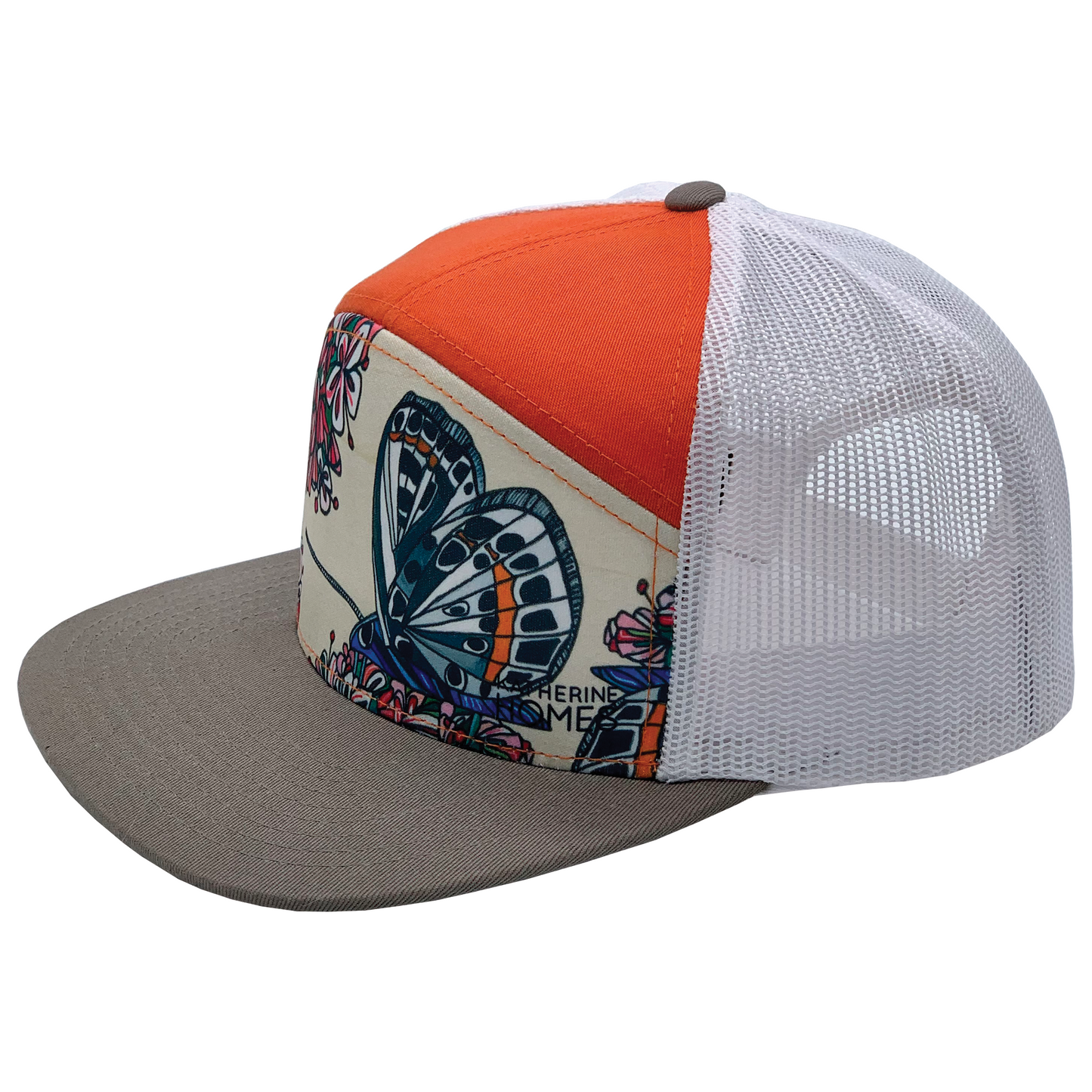 El Segundo Blue Butterfly  | 7 Panel Hat | Grey| Orange | White 100% Recycled Mesh