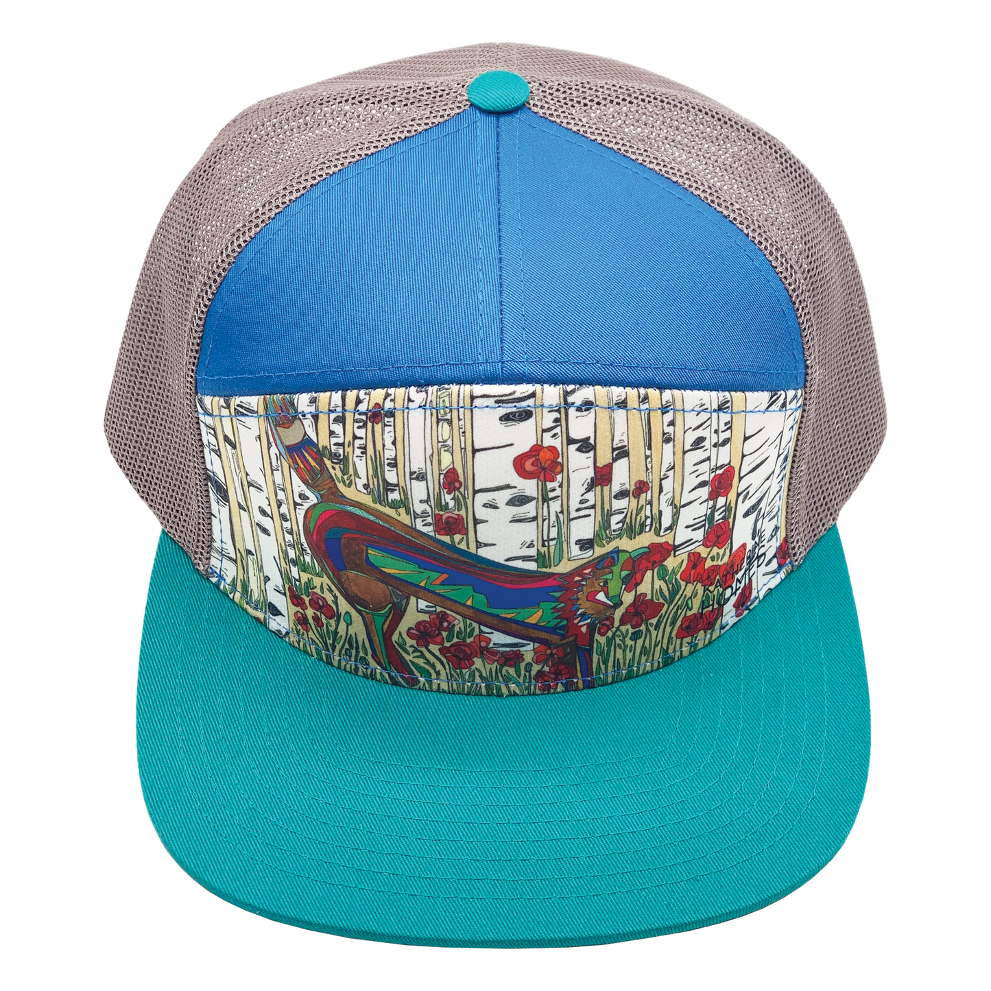 Red Fox and Poppies| 7 Panel Hat | Teal | Royal | Grey 100% Recycled Mesh