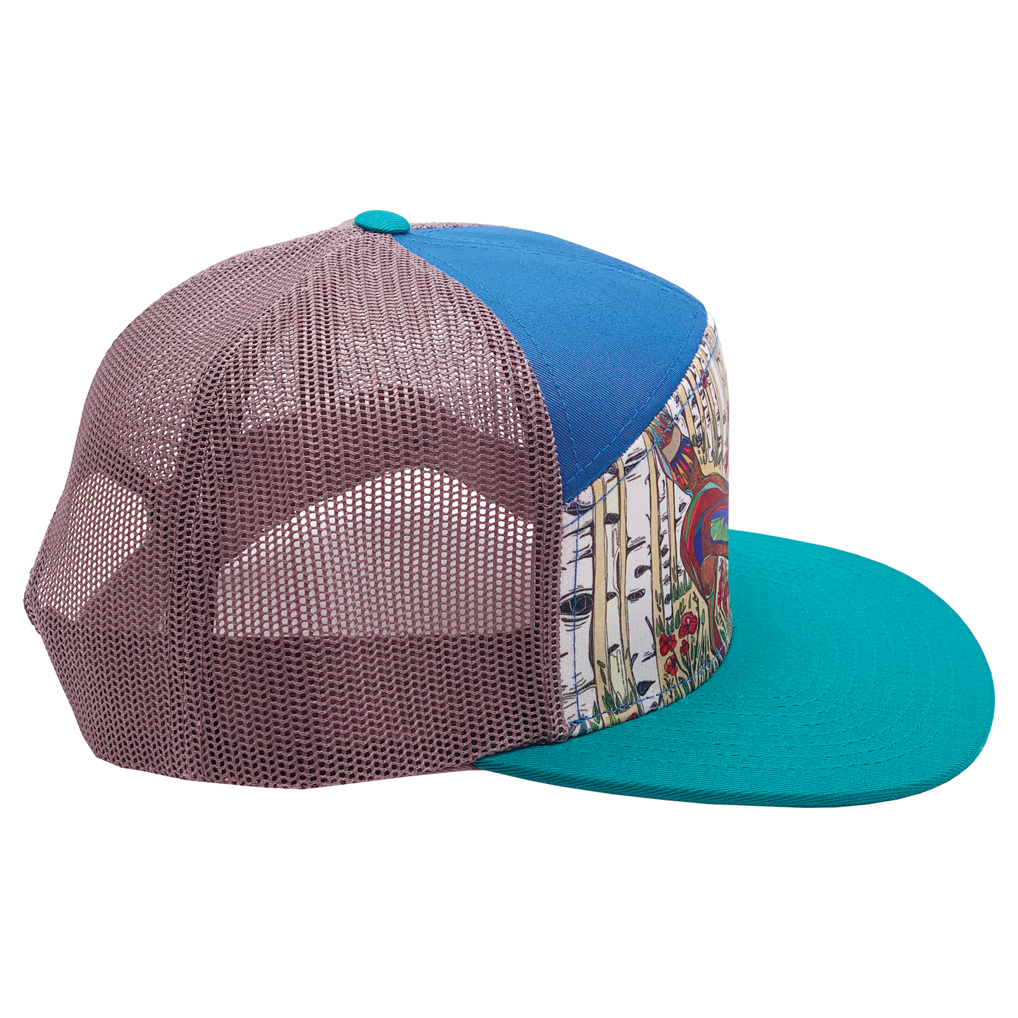 Red Fox and Poppies| 7 Panel Hat | Teal | Royal | Grey 100% Recycled Mesh