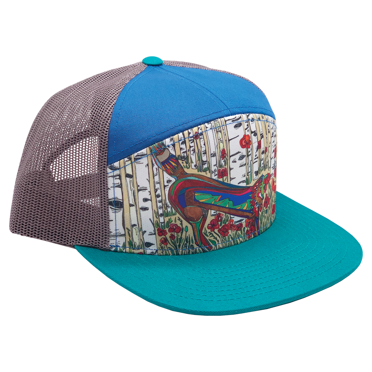 Red Fox and Poppies| 7 Panel Hat | Teal | Royal | Grey 100% Recycled Mesh