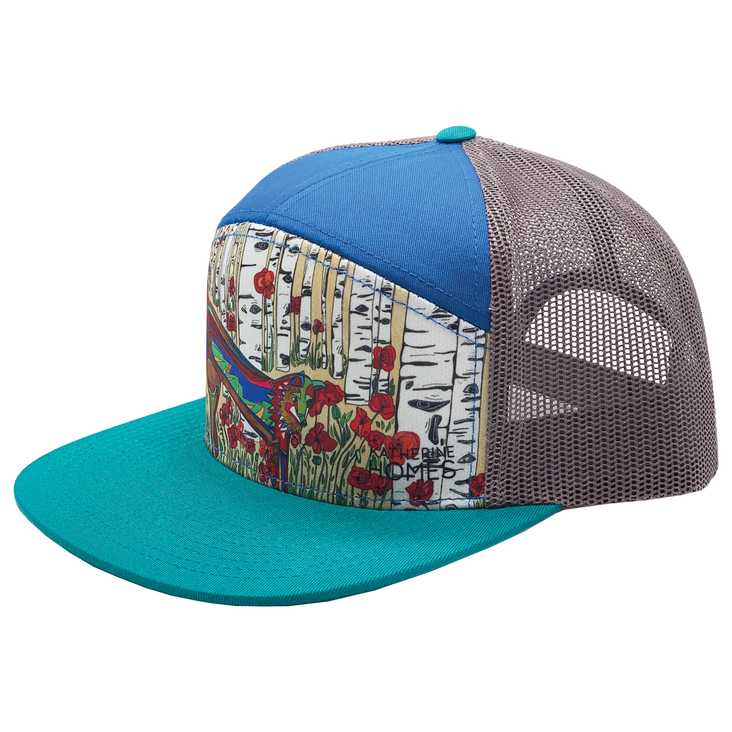 Red Fox and Poppies| 7 Panel Hat | Teal | Royal | Grey 100% Recycled Mesh