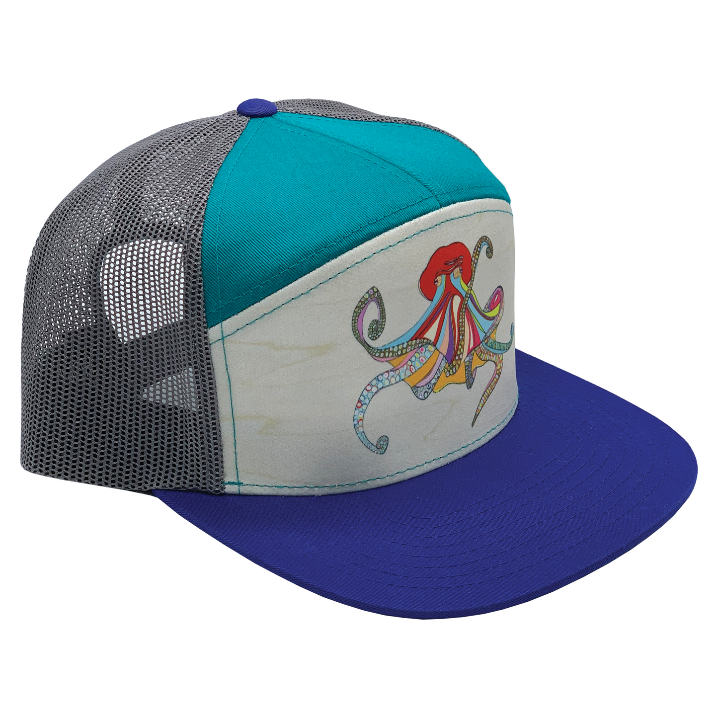 Giant Pacific Octopus | 7 Panel Hat | Purple, Teal 100% Recycled Grey Mesh