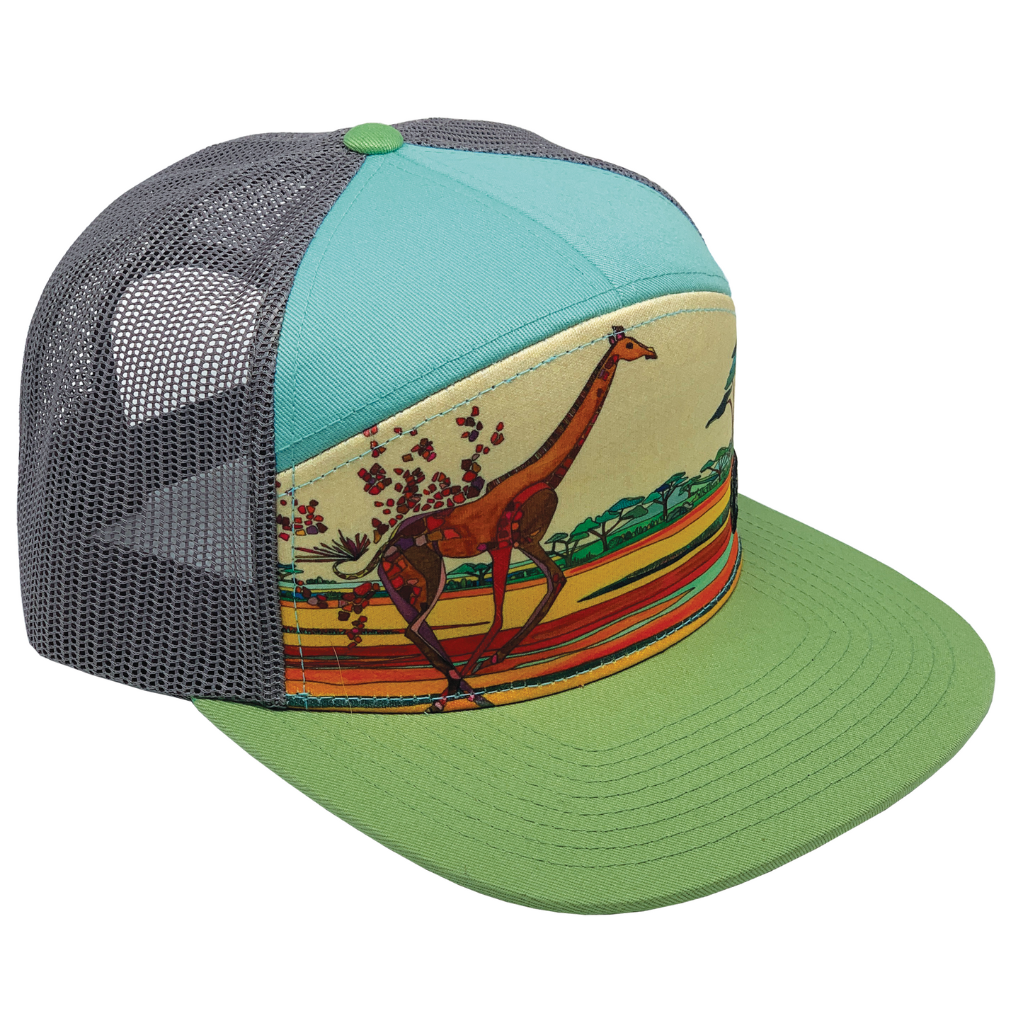 Fleeing Giraffe | 7 Panel | Grass | Sky | 100% Grey Recycled Mesh