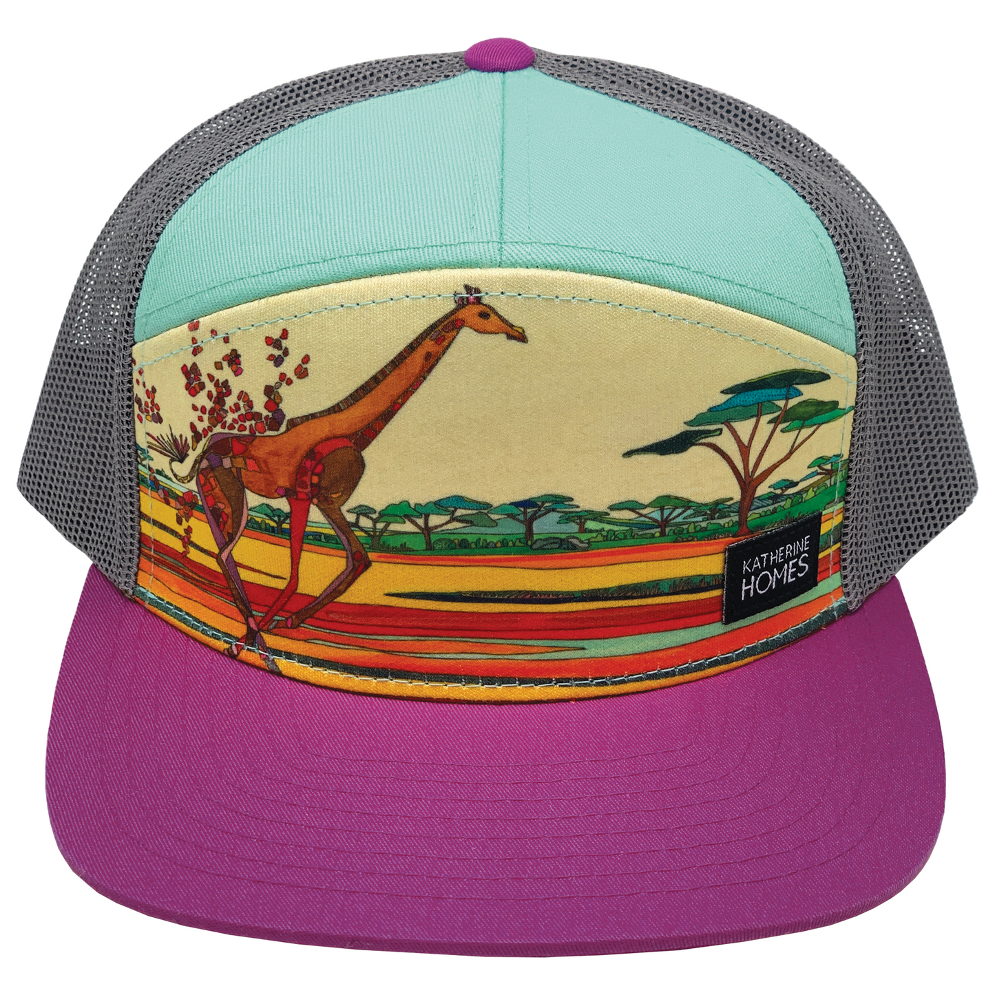 Fleeing Giraffe | 7 Panel Youth | Magenta | Aqua | 100% Grey Recycled Mesh