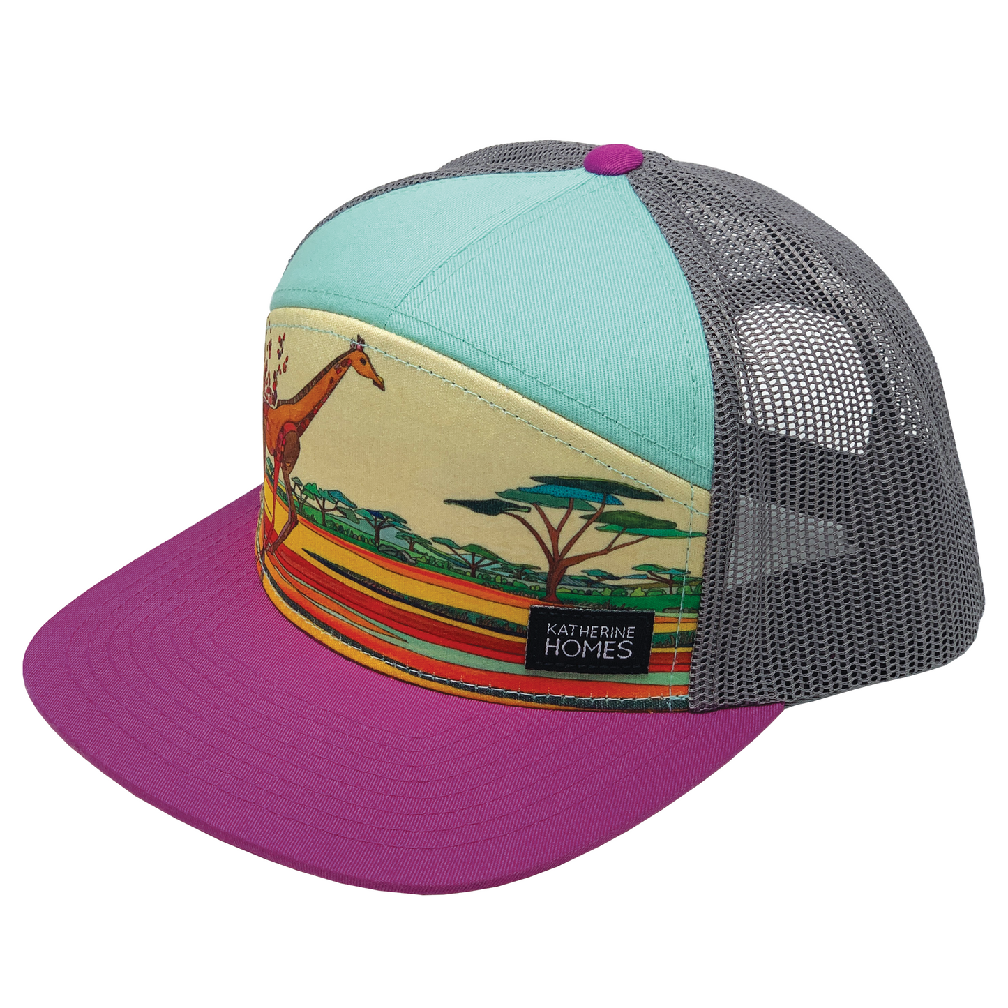 Fleeing Giraffe | 7 Panel Youth | Magenta | Aqua | 100% Grey Recycled Mesh