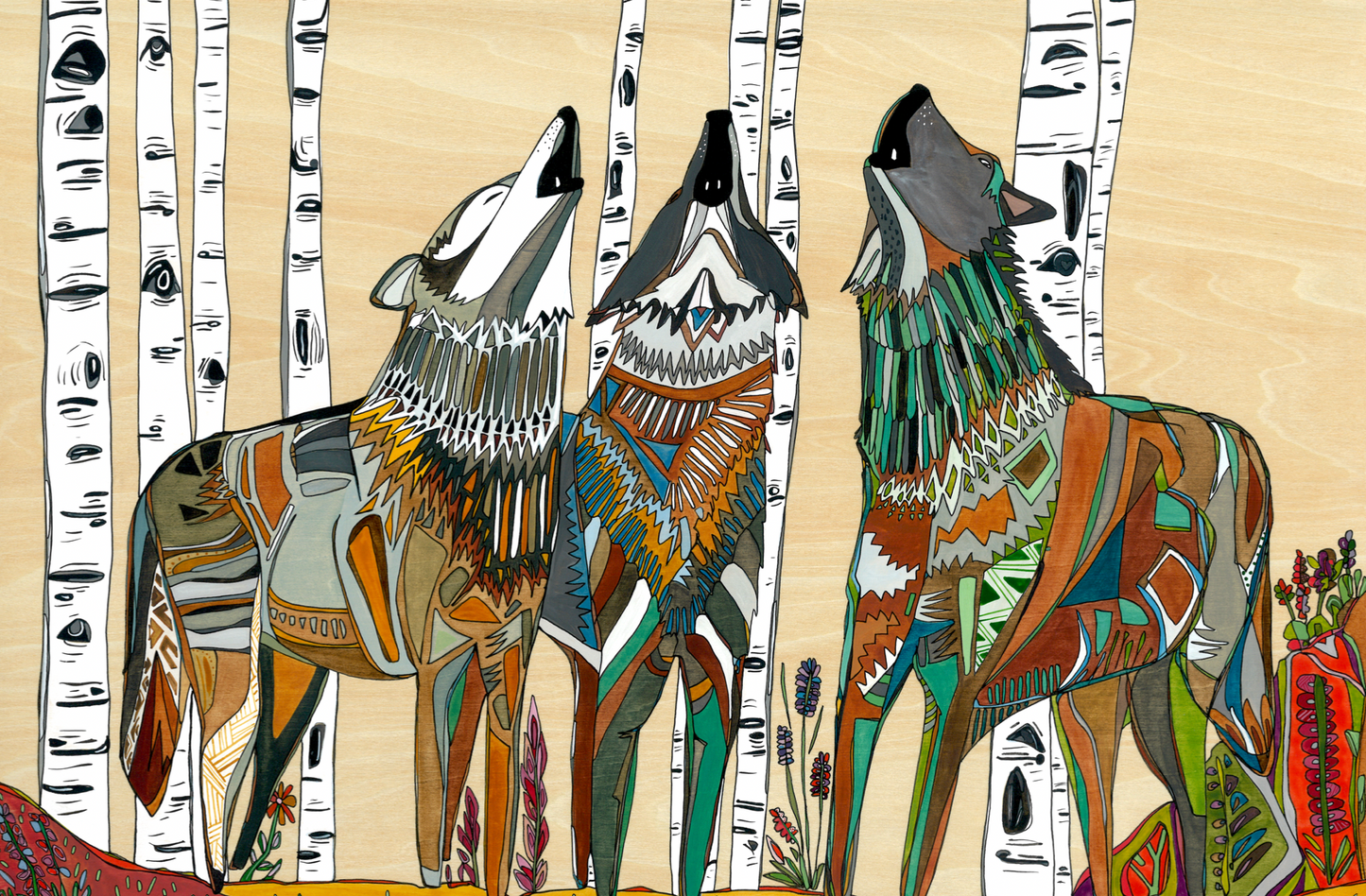 Grey Wolves Howling | 7 Panel  | Turquoise | Butterscotch  | 100% Grey Recycled Mesh