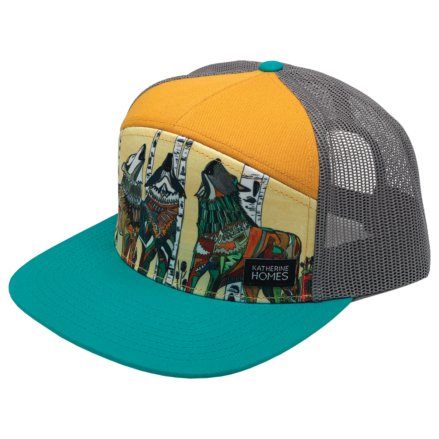 Grey Wolves Howling | 7 Panel  | Turquoise | Butterscotch  | 100% Grey Recycled Mesh
