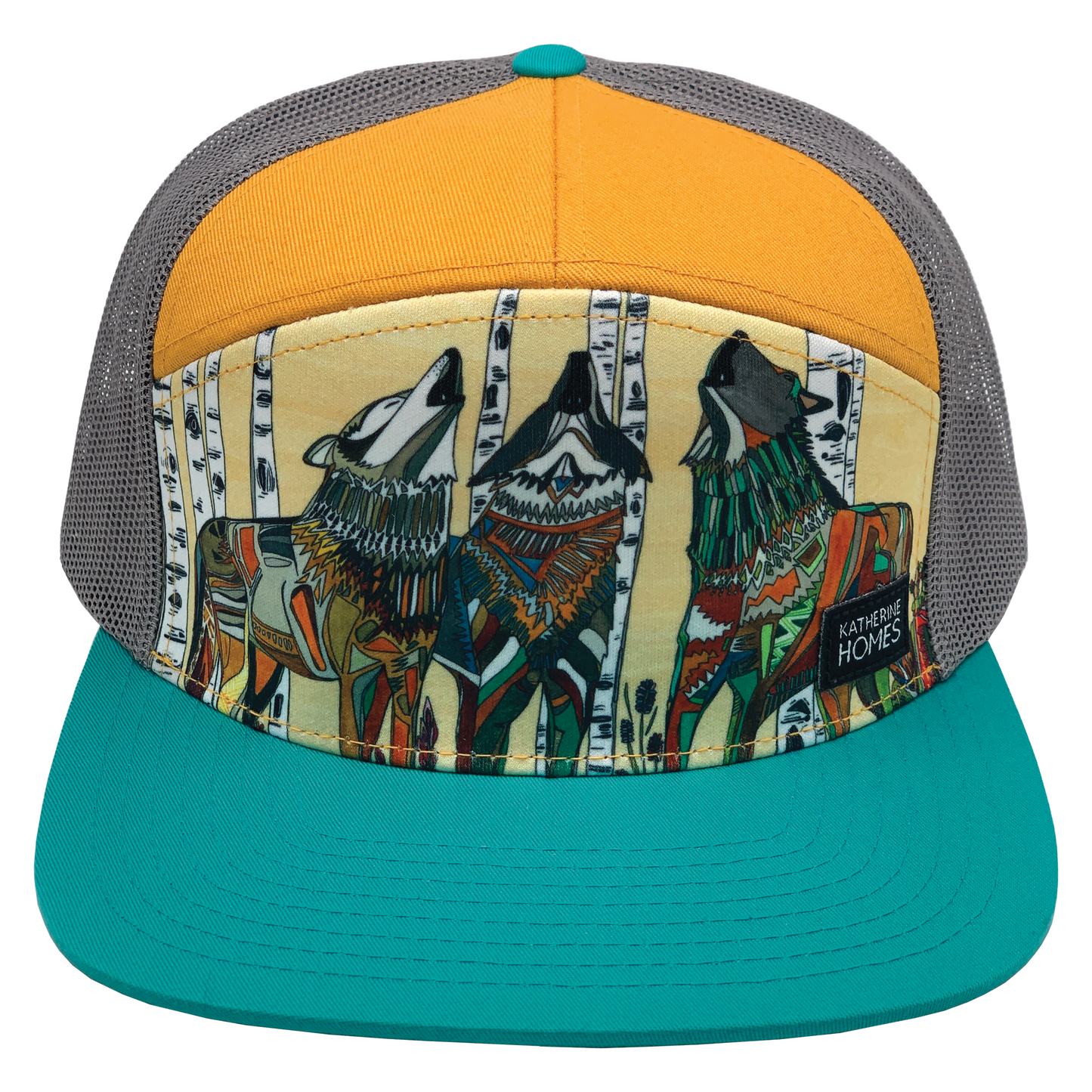 Grey Wolves Howling | 7 Panel  | Turquoise | Butterscotch  | 100% Grey Recycled Mesh