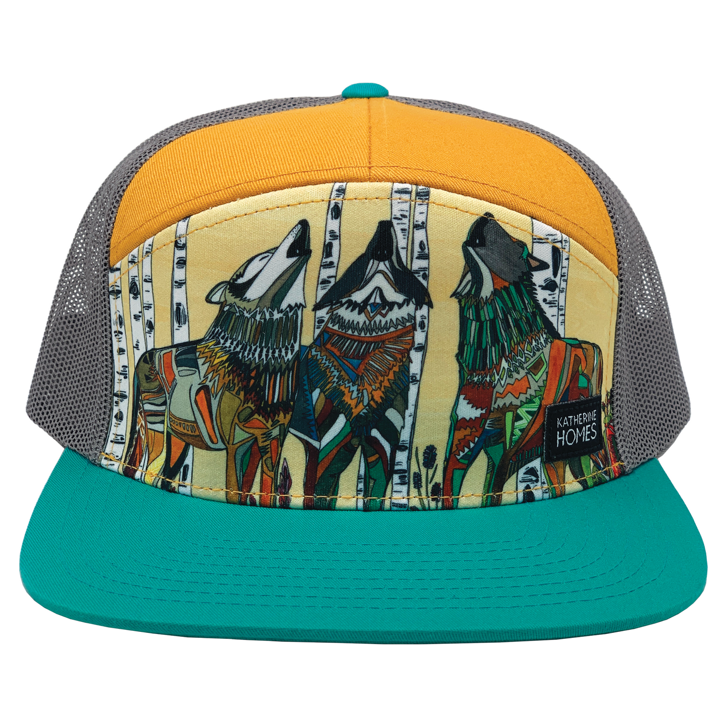 Grey Wolves Howling | 7 Panel  | Turquoise | Butterscotch  | 100% Grey Recycled Mesh