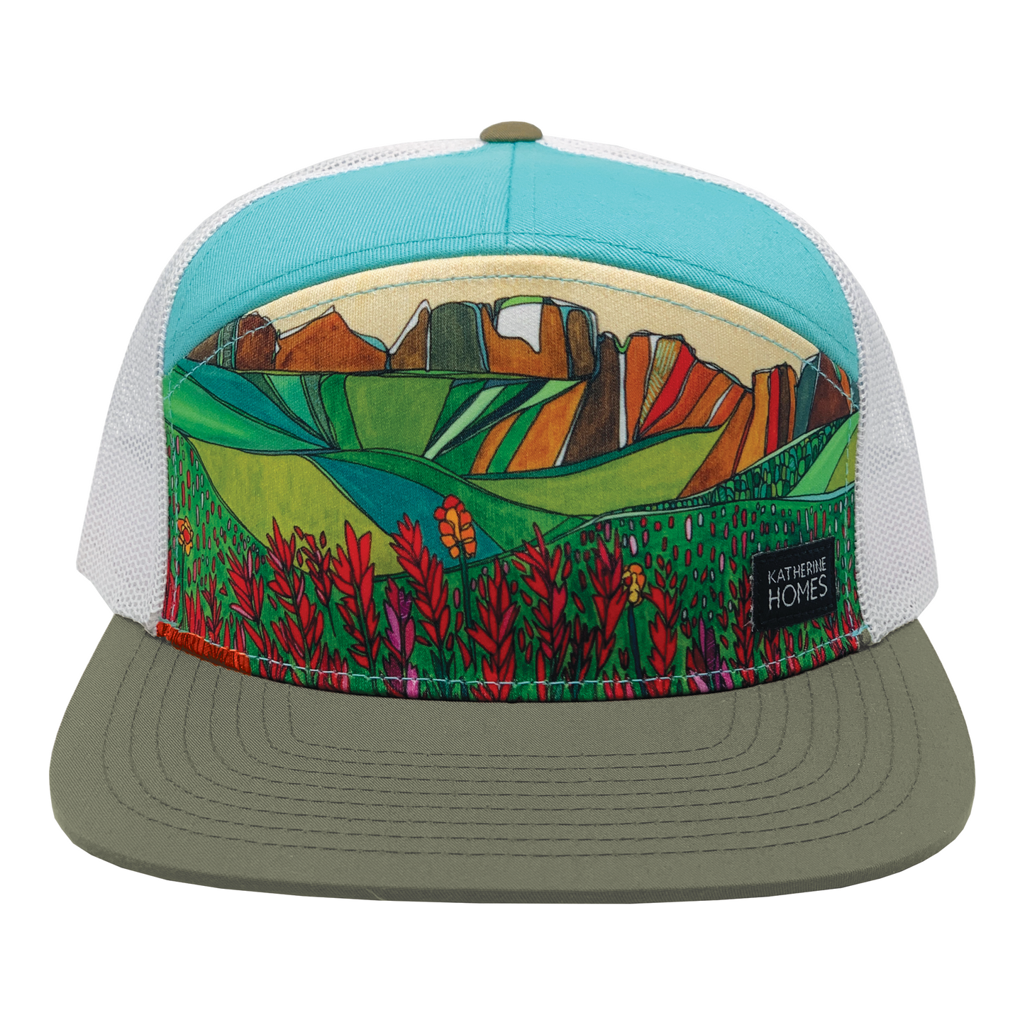 Indian Paintbrush | 7 Panel | Olive | Turquoise | 100% White Recycled Mesh
