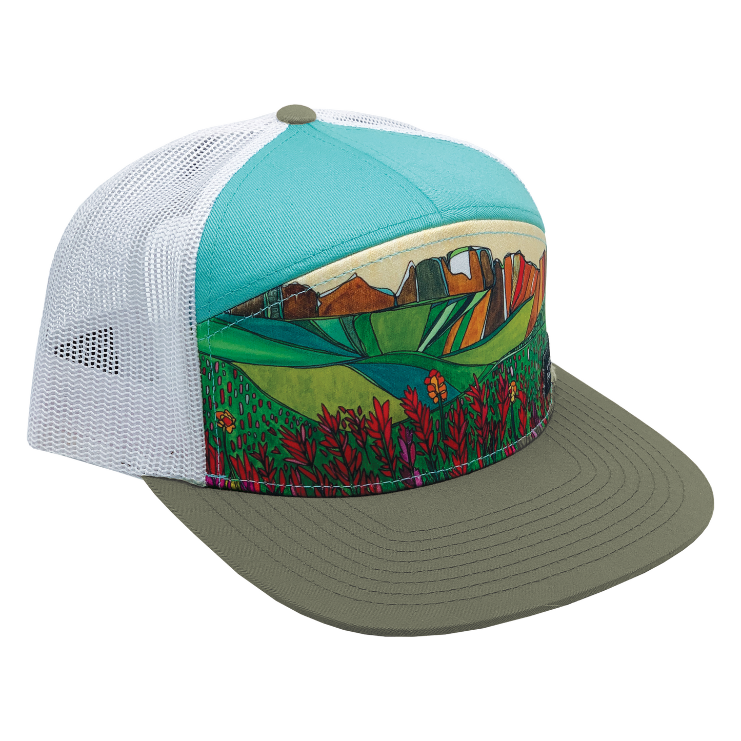 Indian Paintbrush | 7 Panel | Olive | Turquoise | 100% White Recycled Mesh