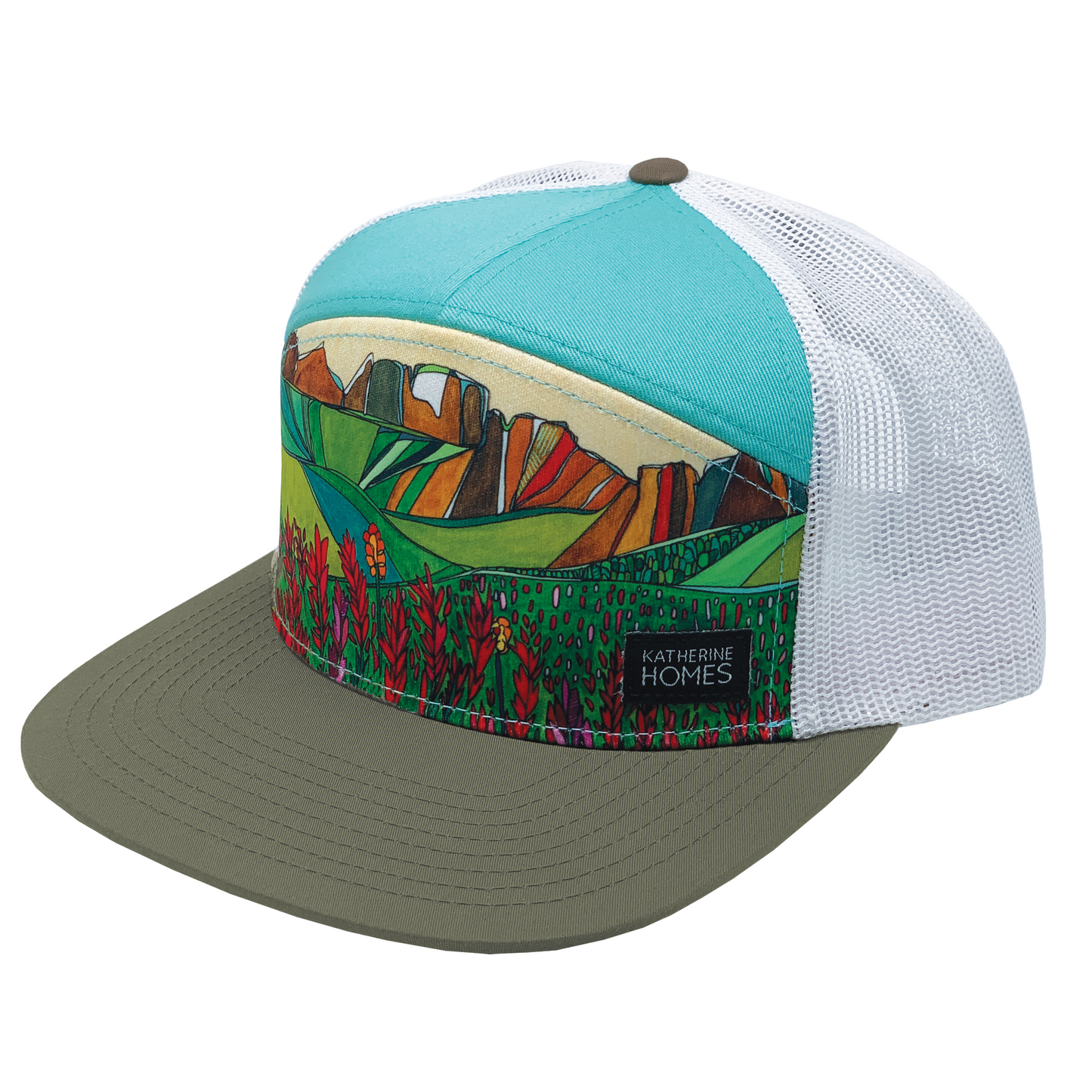 Indian Paintbrush | 7 Panel | Olive | Turquoise | 100% White Recycled Mesh