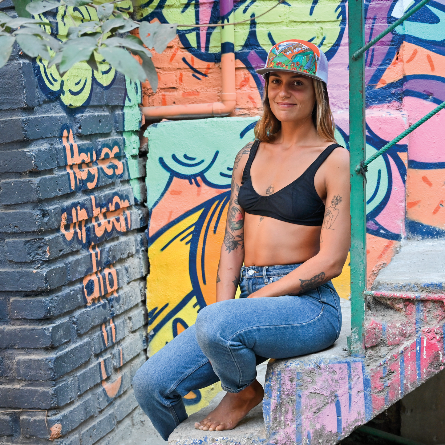 Mountain Daisies | 7 Panel Hat | Grey | Orange | White 100% Recycled Mesh