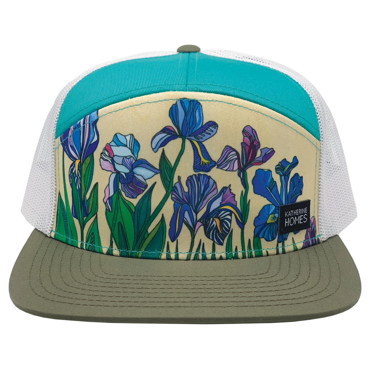 Iris Flowers | 7 Panel | Pea | Teal | 100% White Recycled Mesh