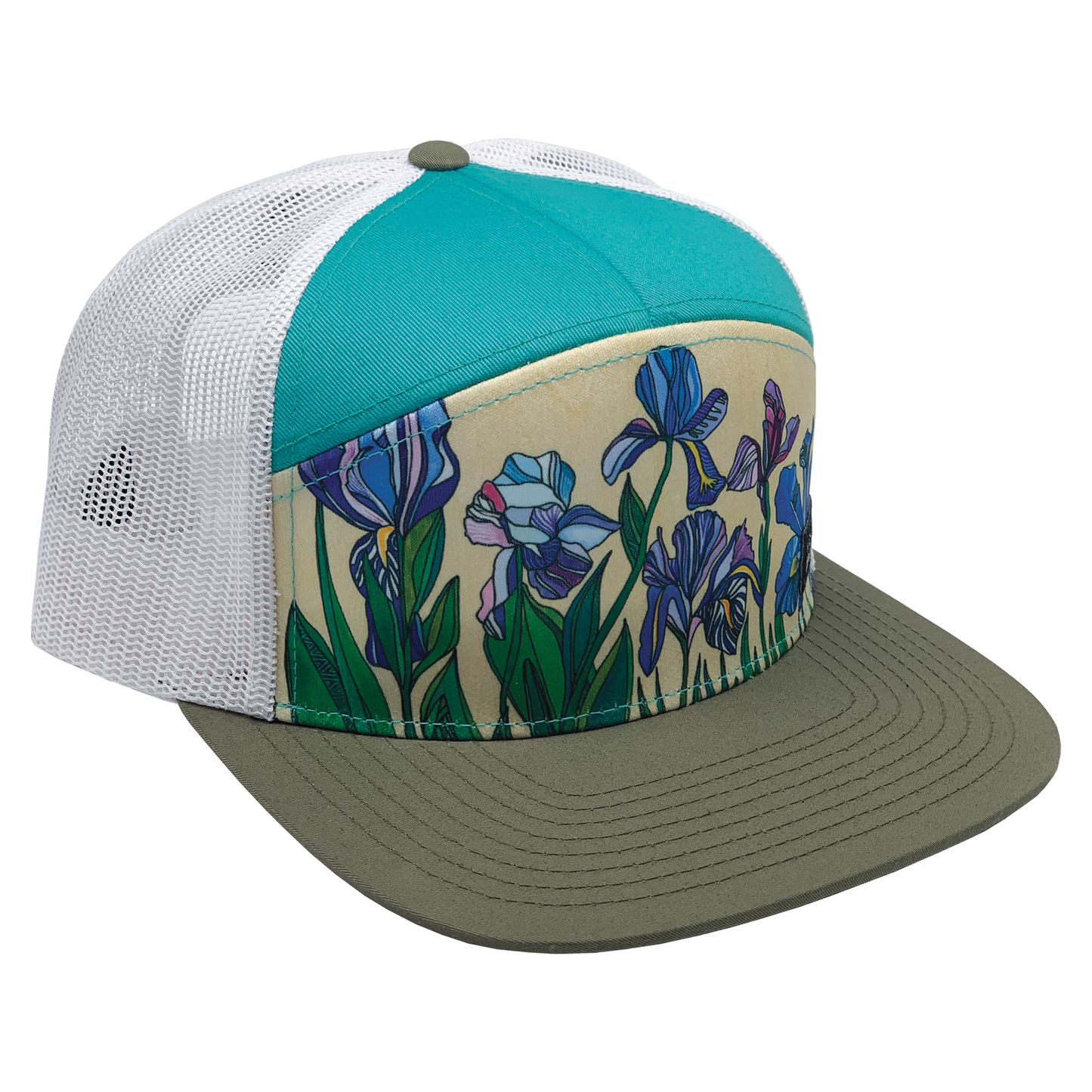 Iris Flowers | 7 Panel | Pea | Teal | 100% White Recycled Mesh