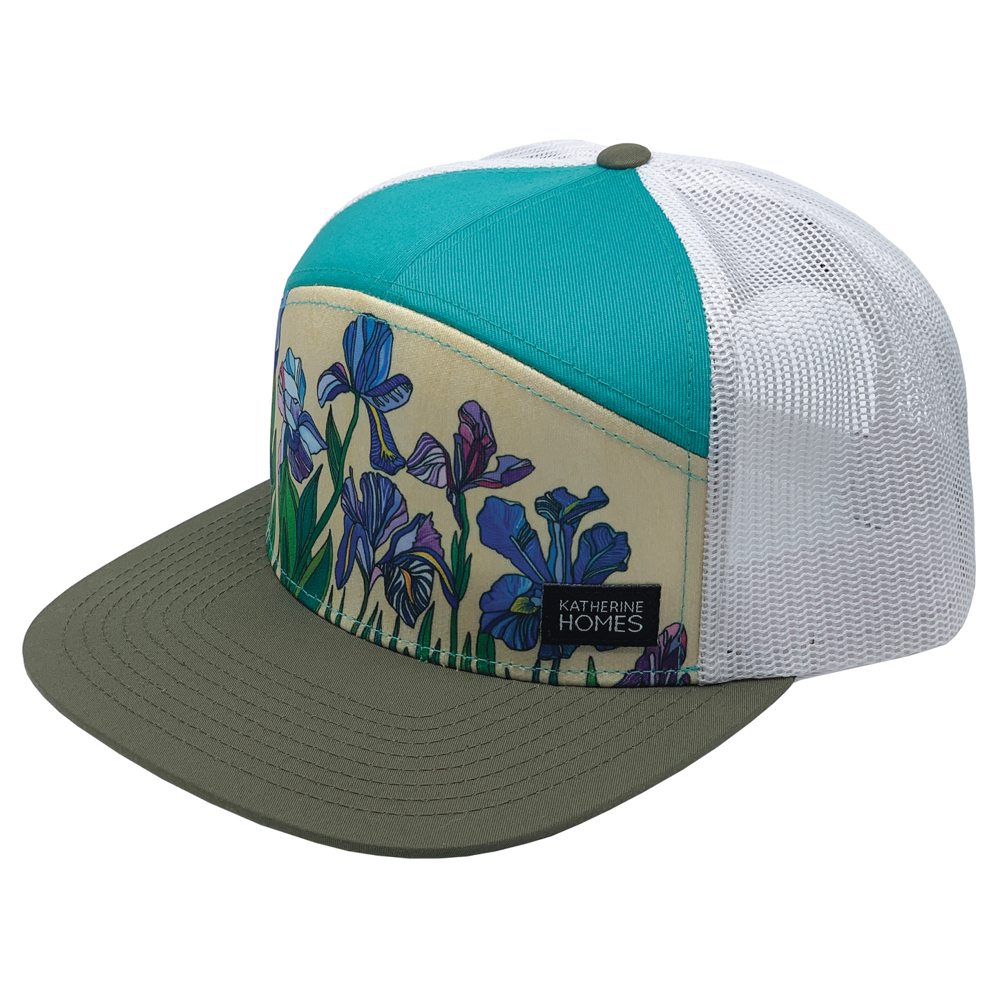 Iris Flowers | 7 Panel | Pea | Teal | 100% White Recycled Mesh