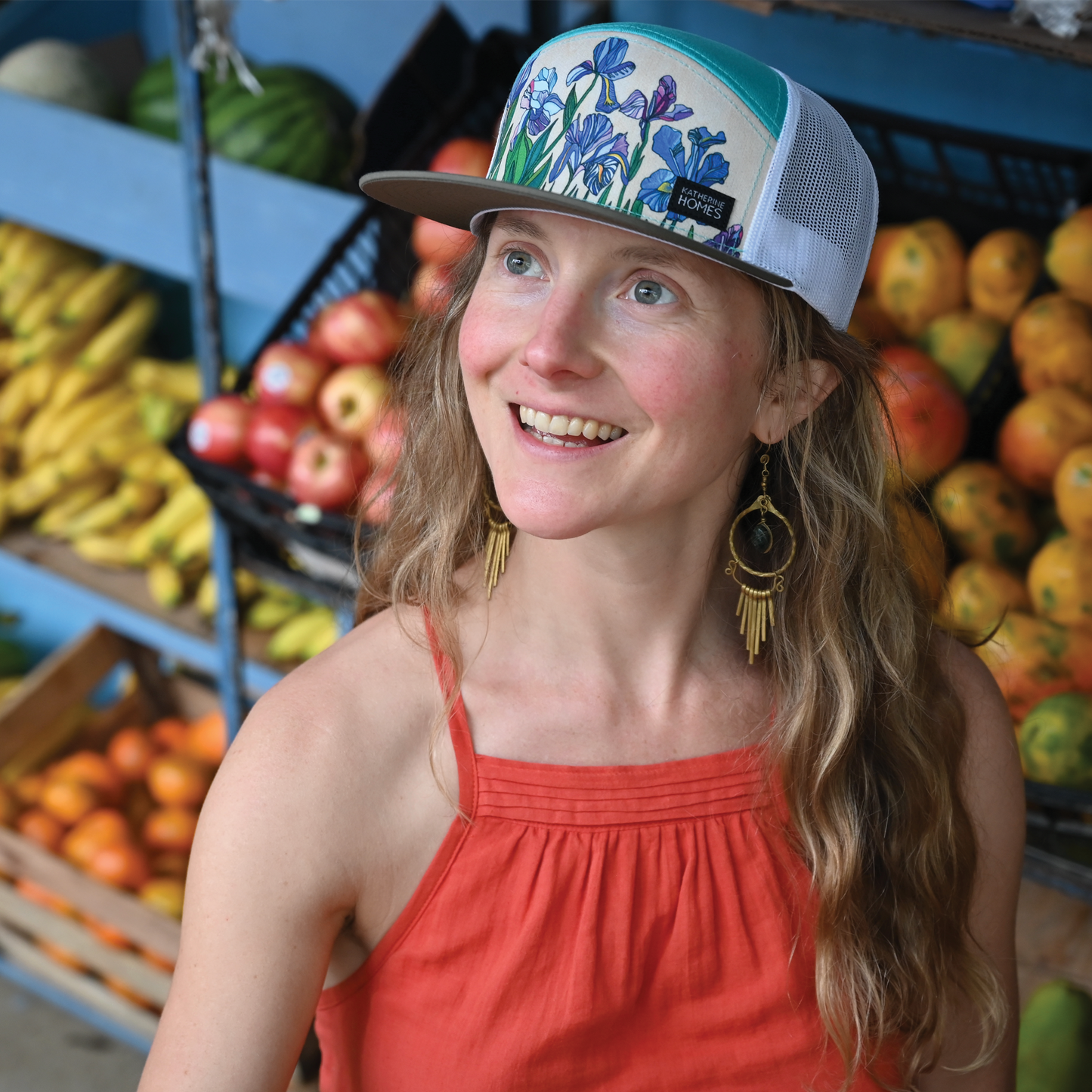 Iris Flowers | 7 Panel | Pea | Teal | 100% White Recycled Mesh