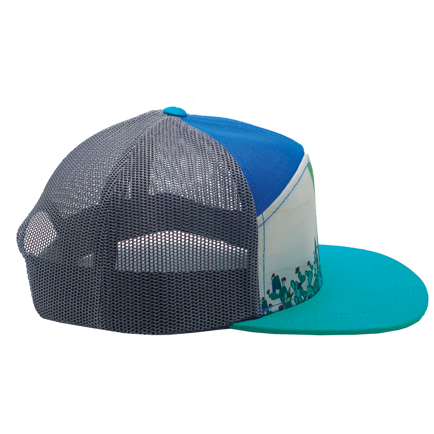 Jackrabbit + Cacti | YOUTH | 7 Panel Hat | Aqua, Royal, and 100% Recycled Grey Mesh