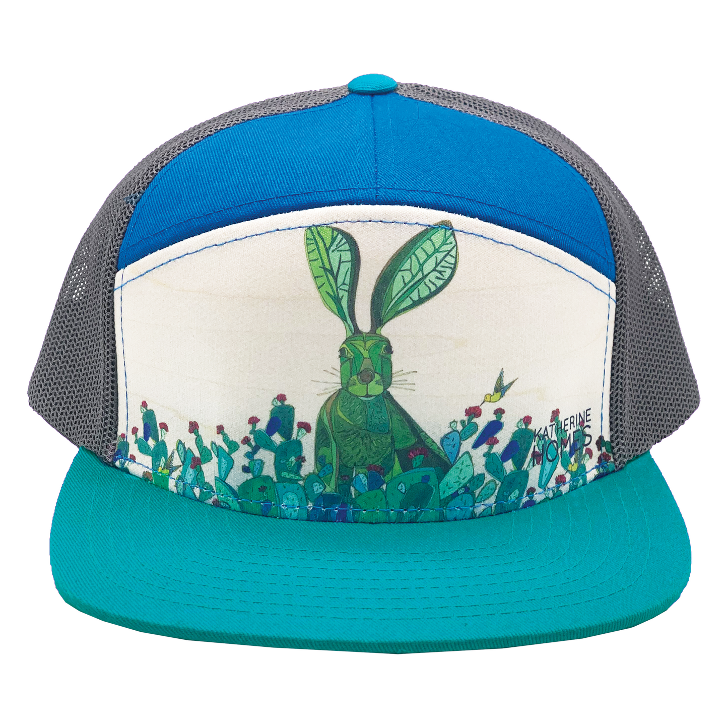 Jackrabbit + Cacti | YOUTH | 7 Panel Hat | Aqua, Royal, and 100% Recycled Grey Mesh