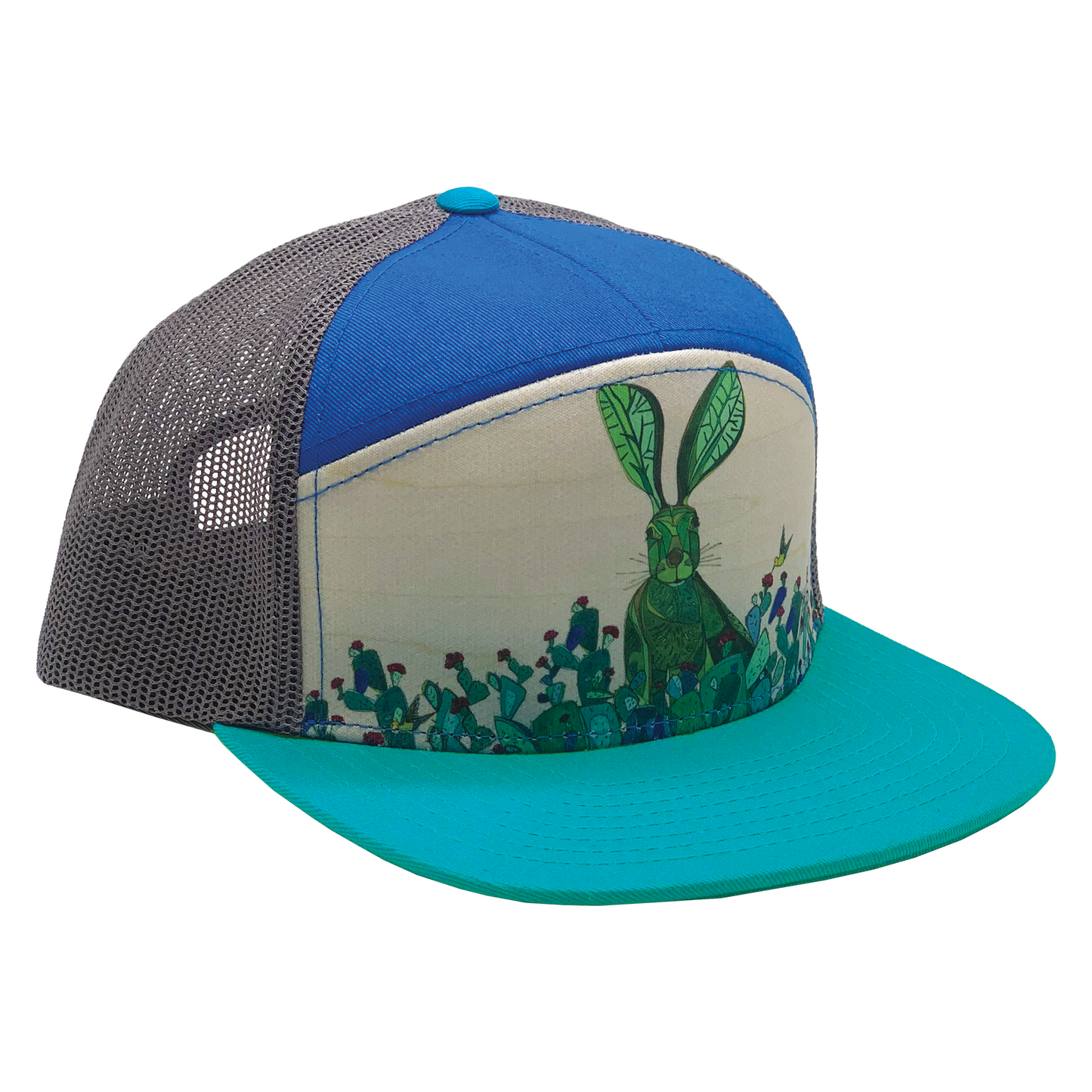 Jackrabbit + Cacti | YOUTH | 7 Panel Hat | Aqua, Royal, and 100% Recycled Grey Mesh