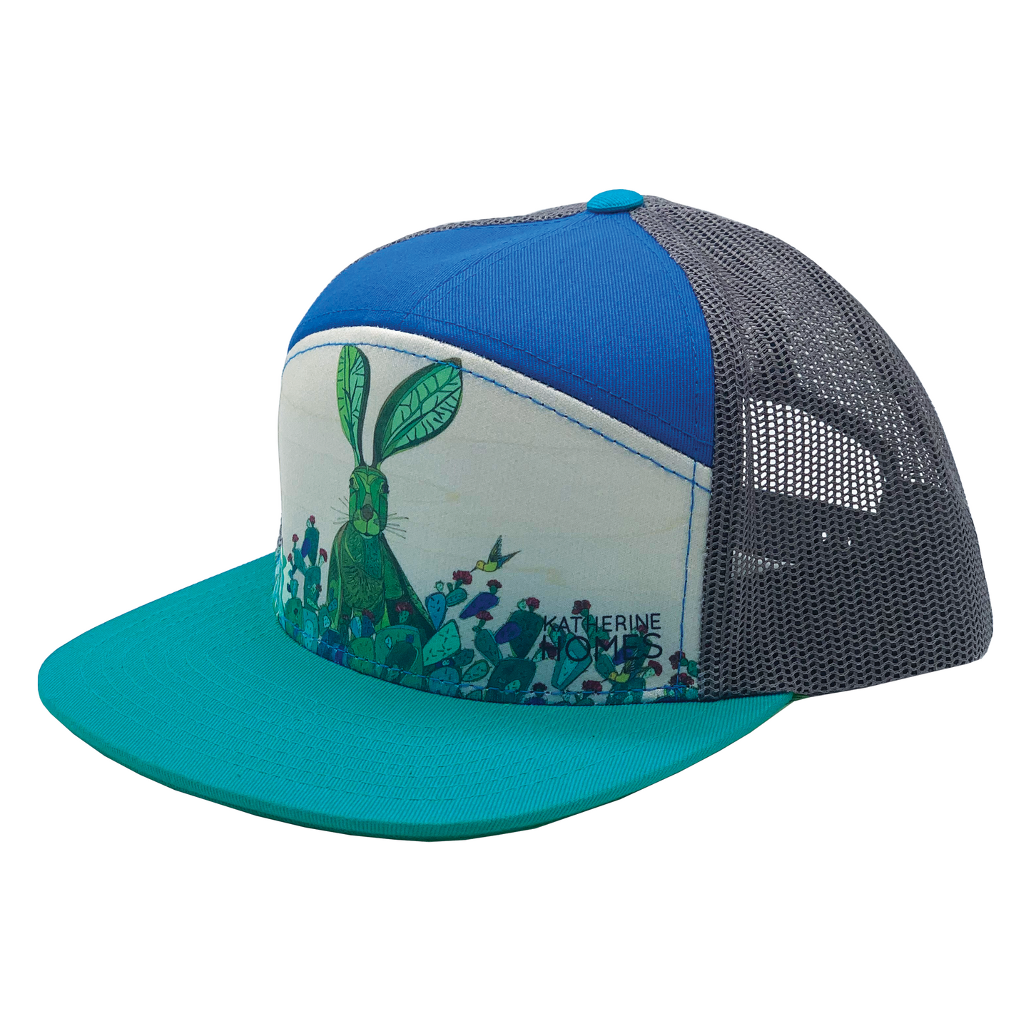 Jackrabbit + Cacti | YOUTH | 7 Panel Hat | Aqua, Royal, and 100% Recycled Grey Mesh