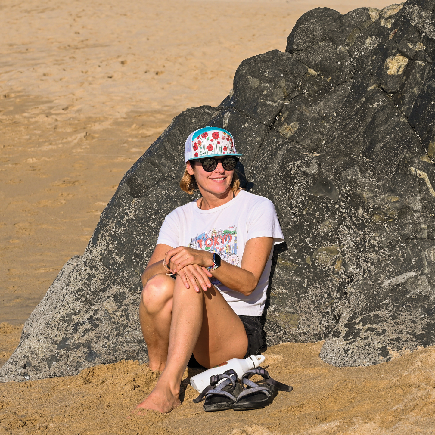 Poppies | 7 Panel Hat | Sea | Aqua| White 100% Recycled Mesh