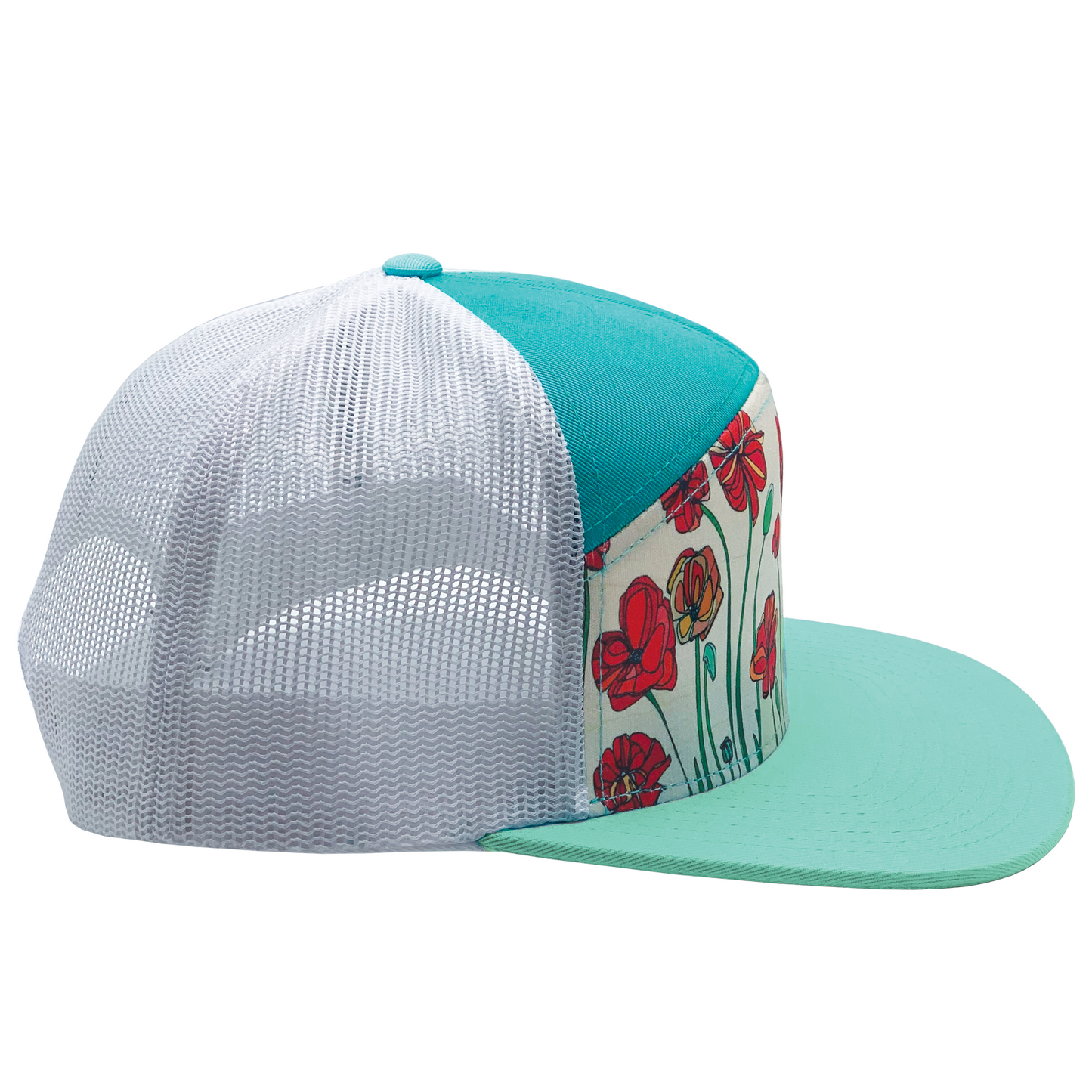 Poppies | 7 Panel Hat | Sea | Aqua| White 100% Recycled Mesh