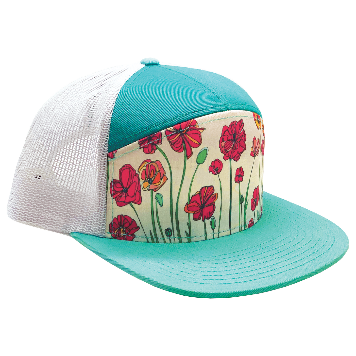Poppies | 7 Panel Hat | Sea | Aqua| White 100% Recycled Mesh