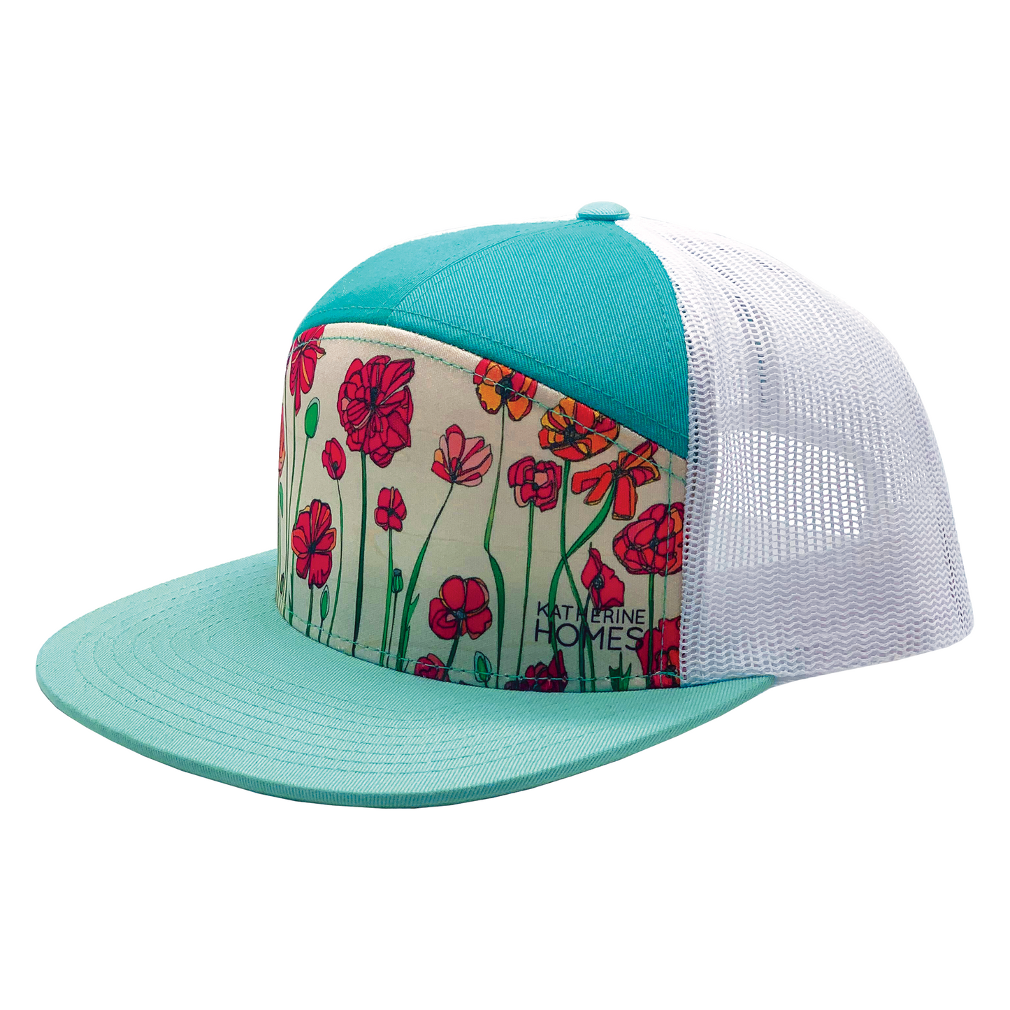 Poppies | 7 Panel Hat | Sea | Aqua| White 100% Recycled Mesh