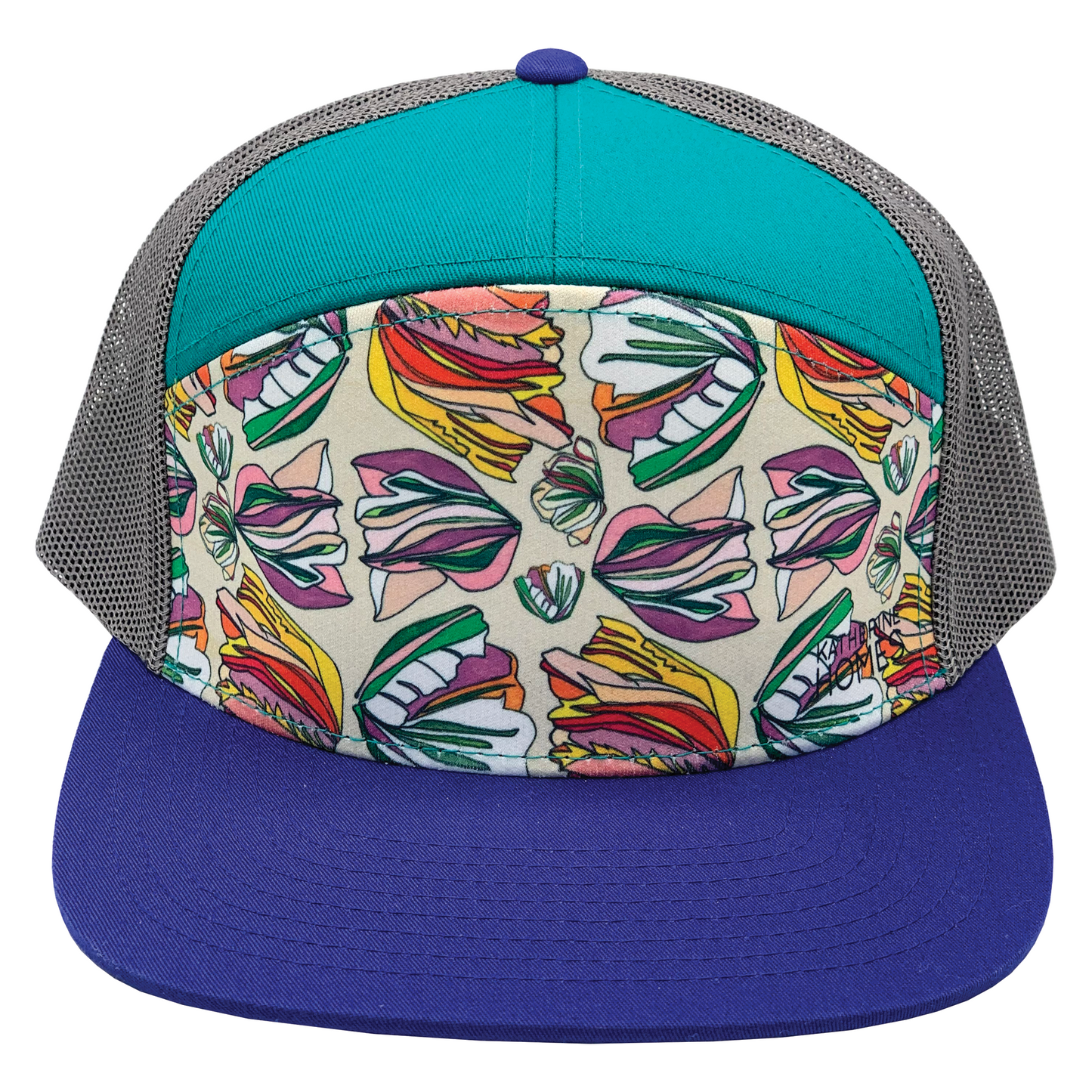 Tulips | 7 Panel Hat | Violet | Teal | Grey 100% Recycled Mesh