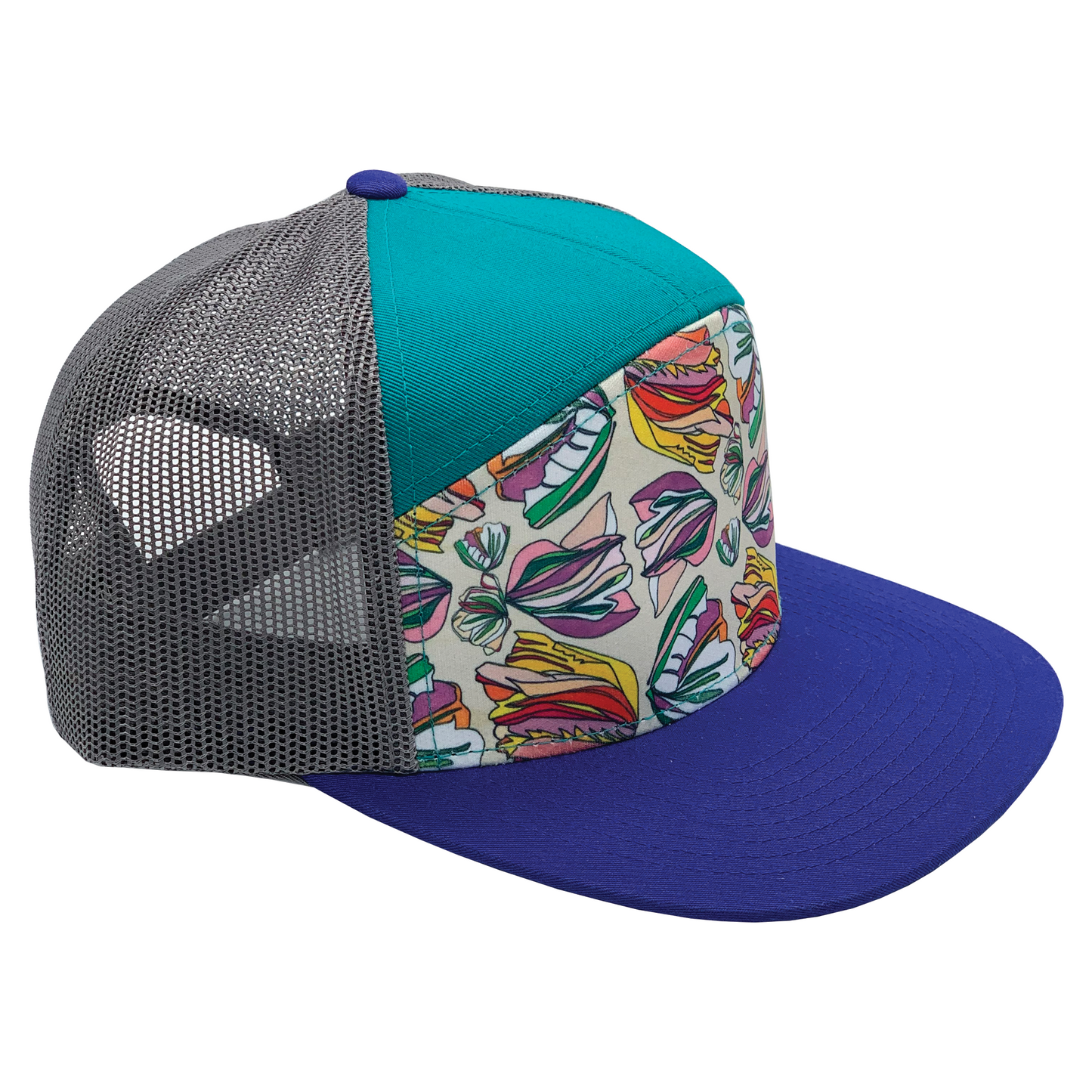 Tulips | 7 Panel Hat | Violet | Teal | Grey 100% Recycled Mesh