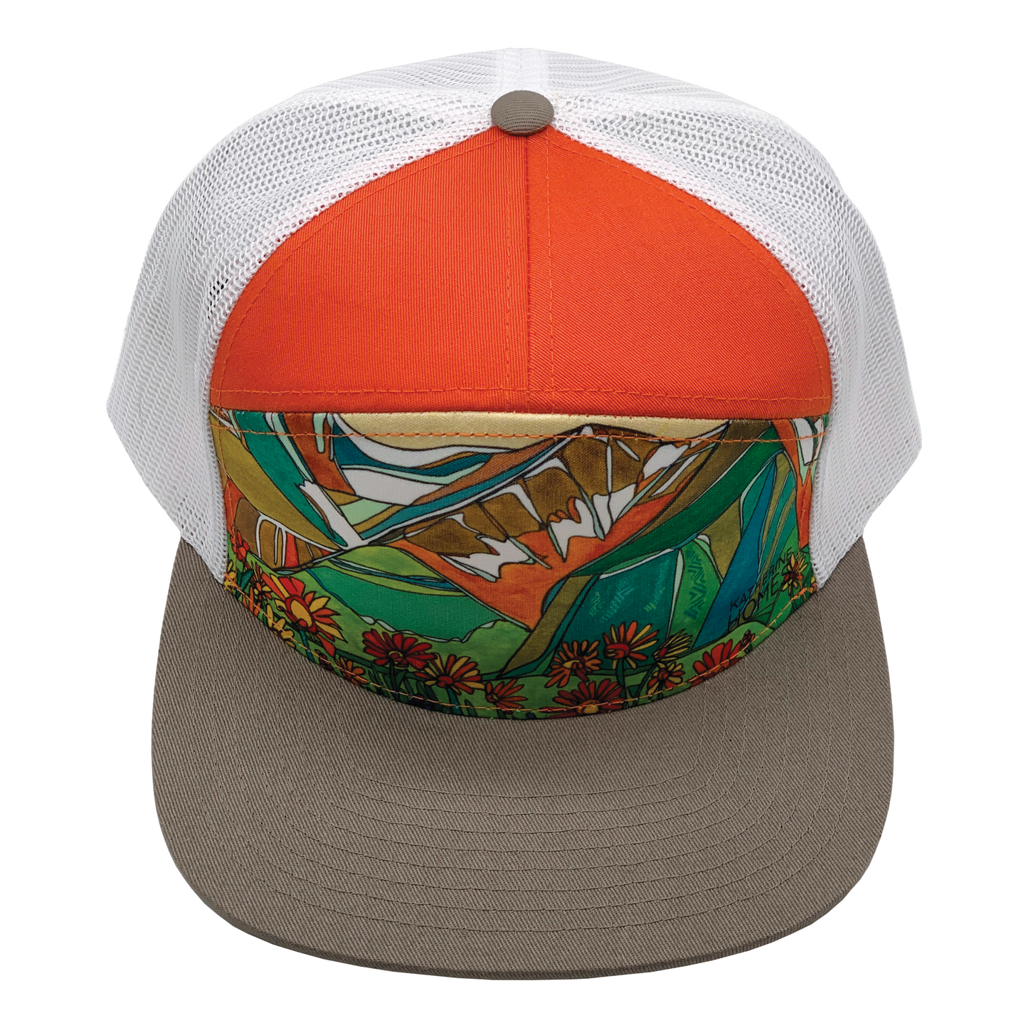 Mountain Daisies | 7 Panel Hat | Grey | Orange | White 100% Recycled Mesh