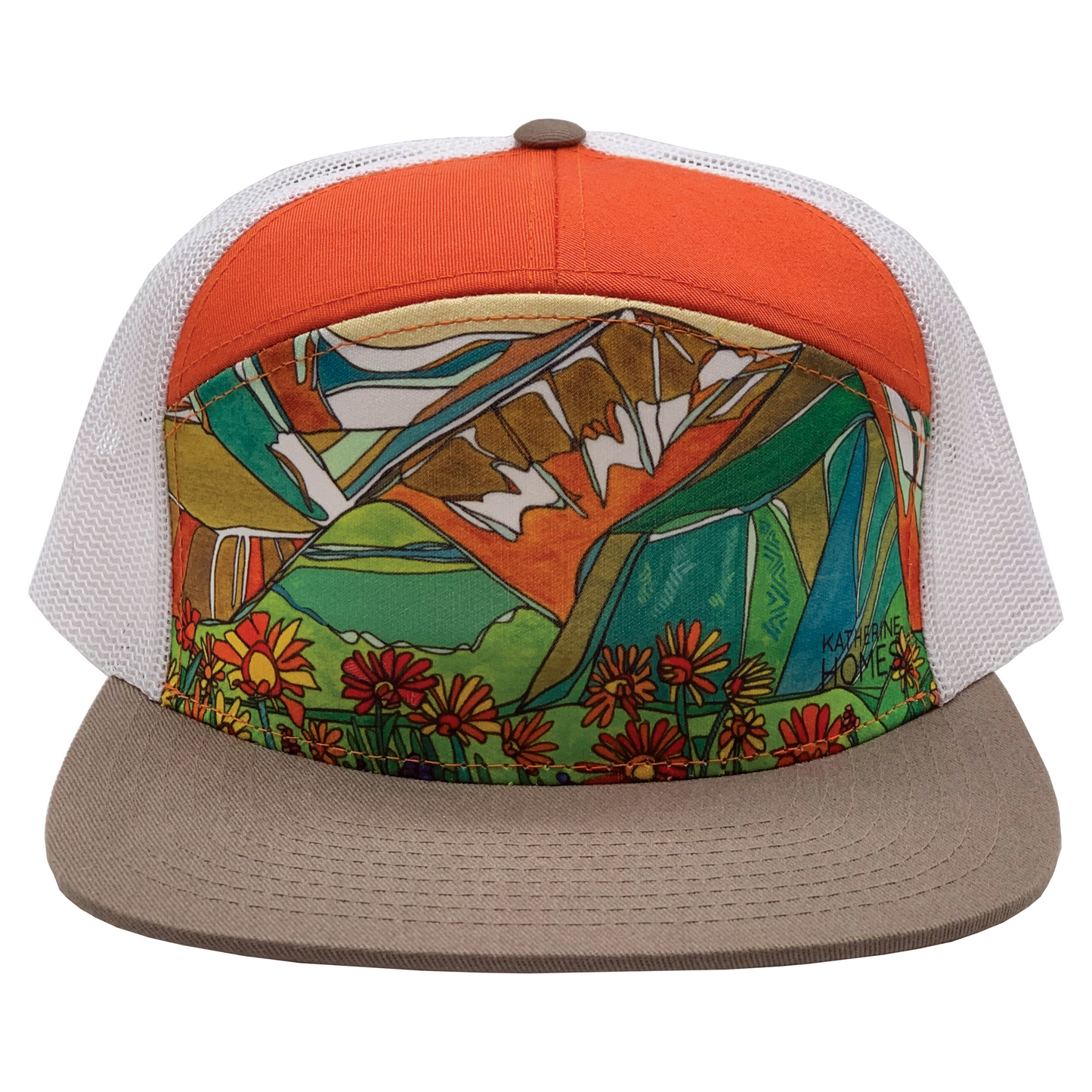 Mountain Daisies | 7 Panel Hat | Grey | Orange | White 100% Recycled Mesh