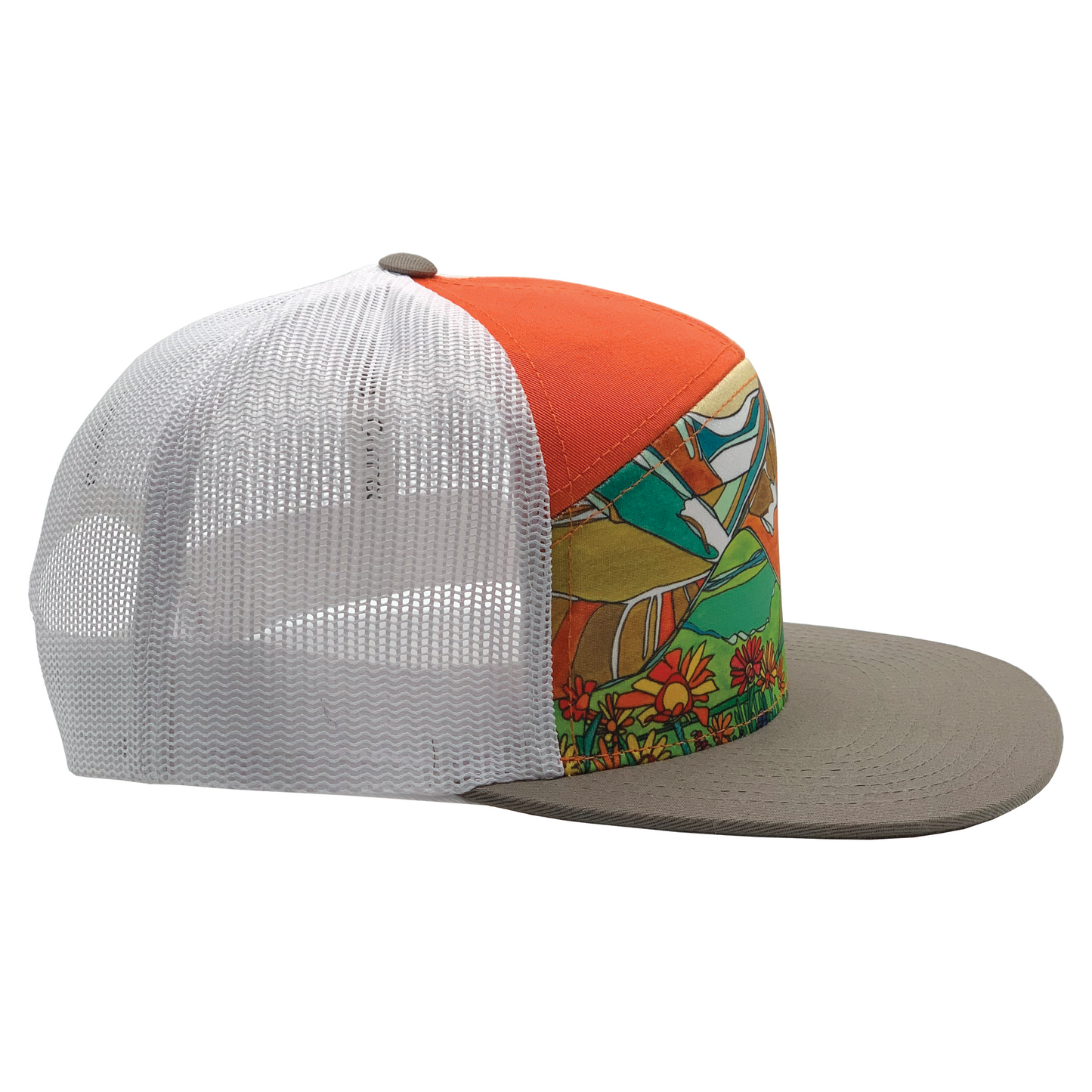 Mountain Daisies | 7 Panel Hat | Grey | Orange | White 100% Recycled Mesh