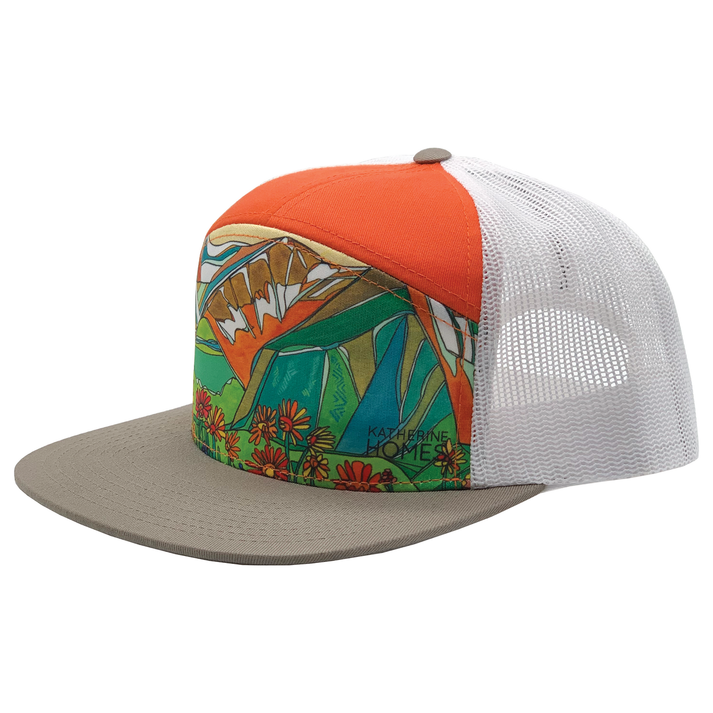 Mountain Daisies | 7 Panel Hat | Grey | Orange | White 100% Recycled Mesh