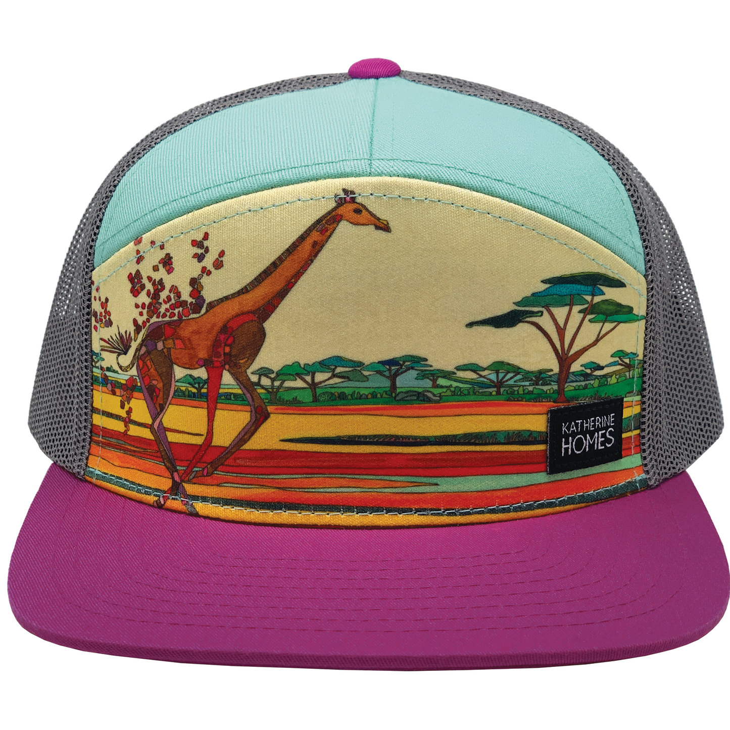 Giraffe Youth Children's Hat turquoise and pink art by Katherine Homes