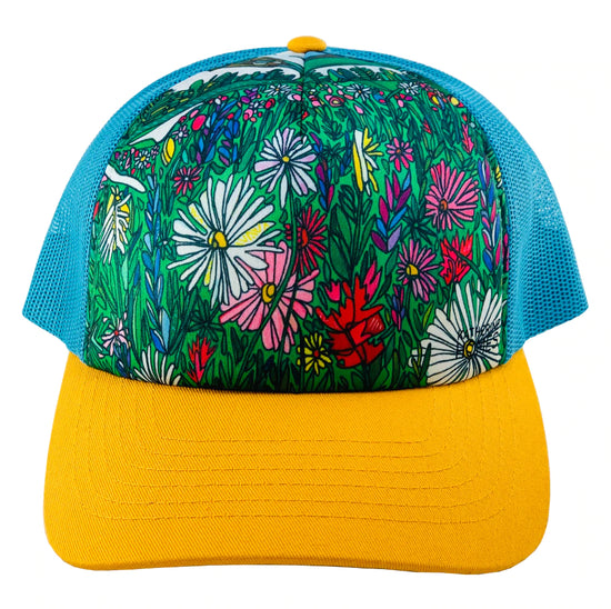 Mount Rainier Bloom | Trucker Hat | Aqua  | Camel Yellow