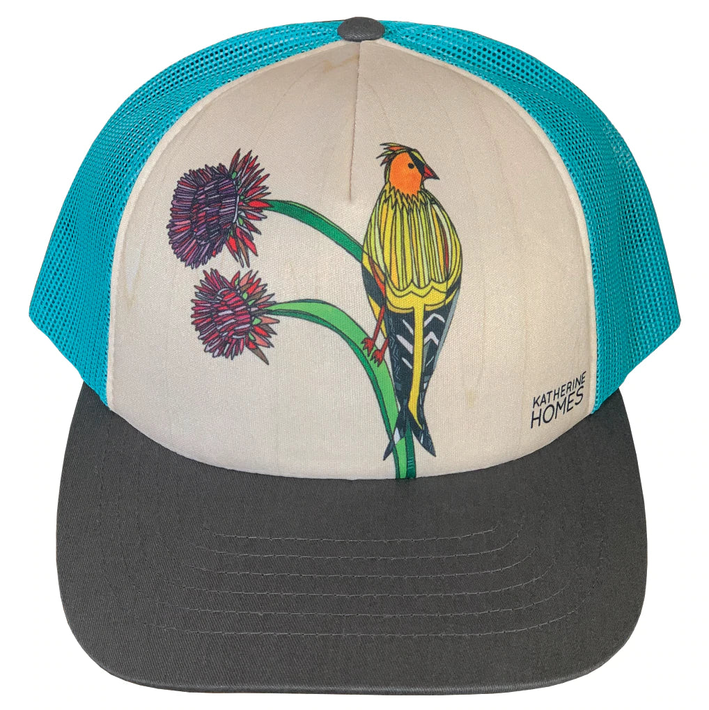American Goldfinch and Thistle  | Trucker Hat | 100% Grey Twill Brim and Aqua Mesh