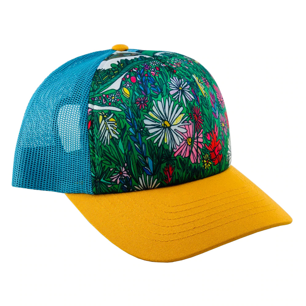 Mount Rainier Bloom | Trucker Hat | Aqua  | Camel Yellow