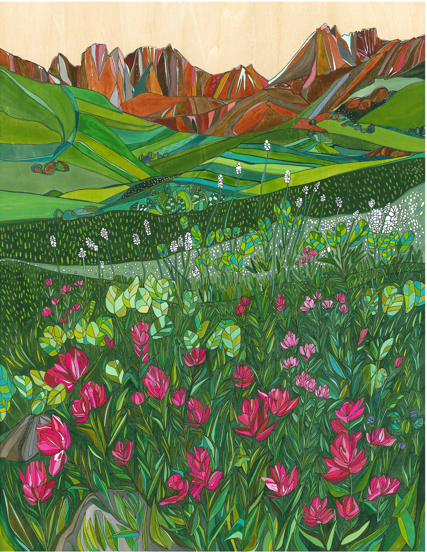 Katherine Homes American Basin wildflowers, flowers, Colorado, summer landscape, vertical, public land, watercolor and ink