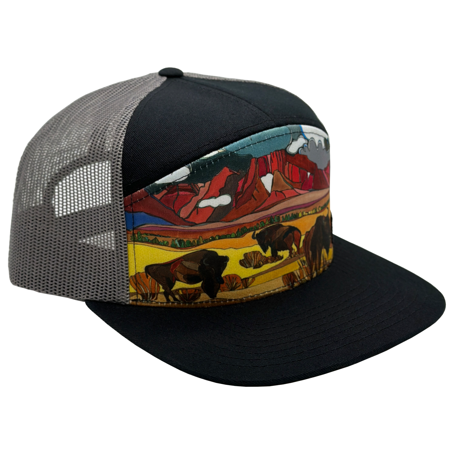 Bison and Prairielands Flat Brim Hat, art by Katherine Homes organic cotton and recycled materials, functional art, flat brim, sun protection