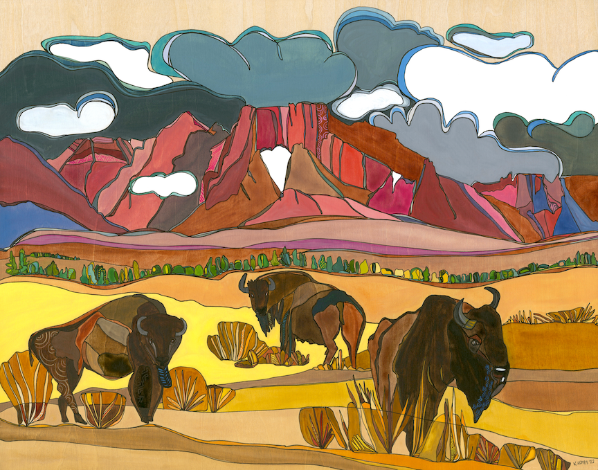 Bison and Teton National Park art by Katherine Homes, wildlife, watercolor