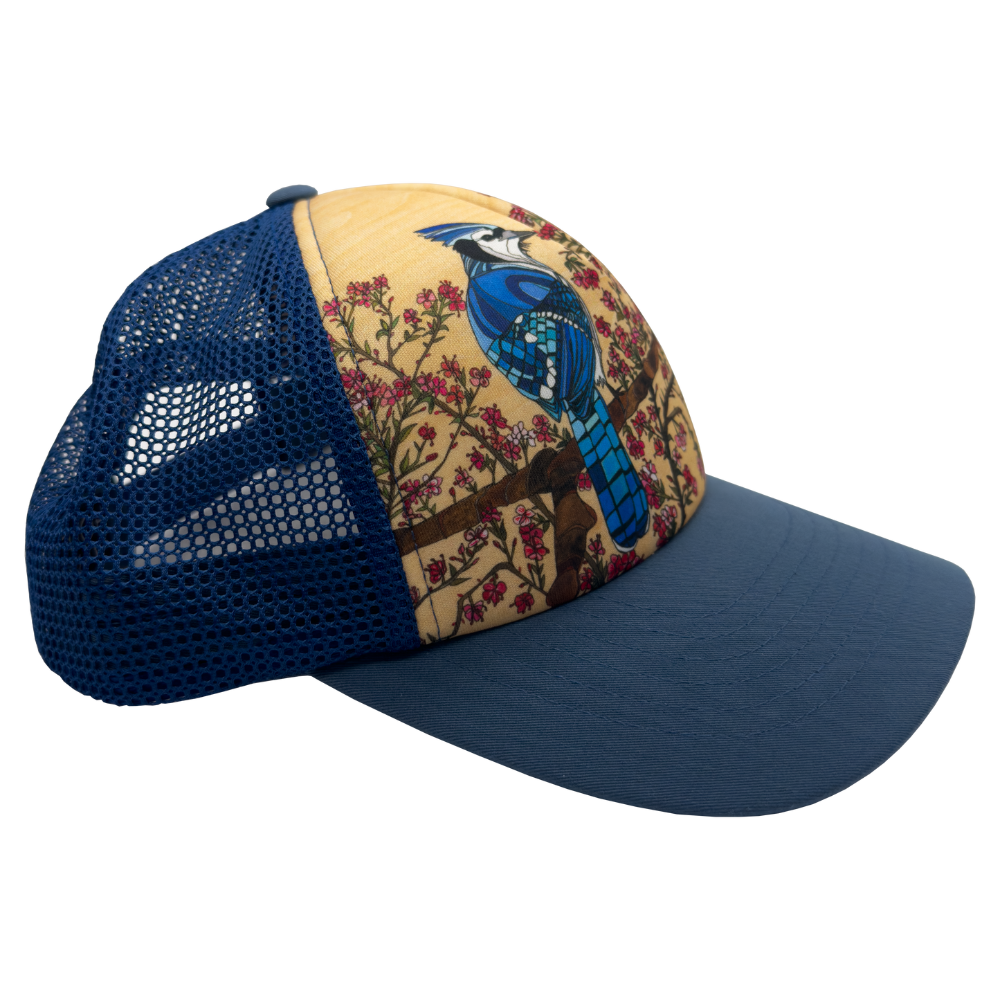 Blue Jay and Cherry Blossom Flowers Trucker Hat Baseball and Mesh Hat by artist  Katherine Homes 