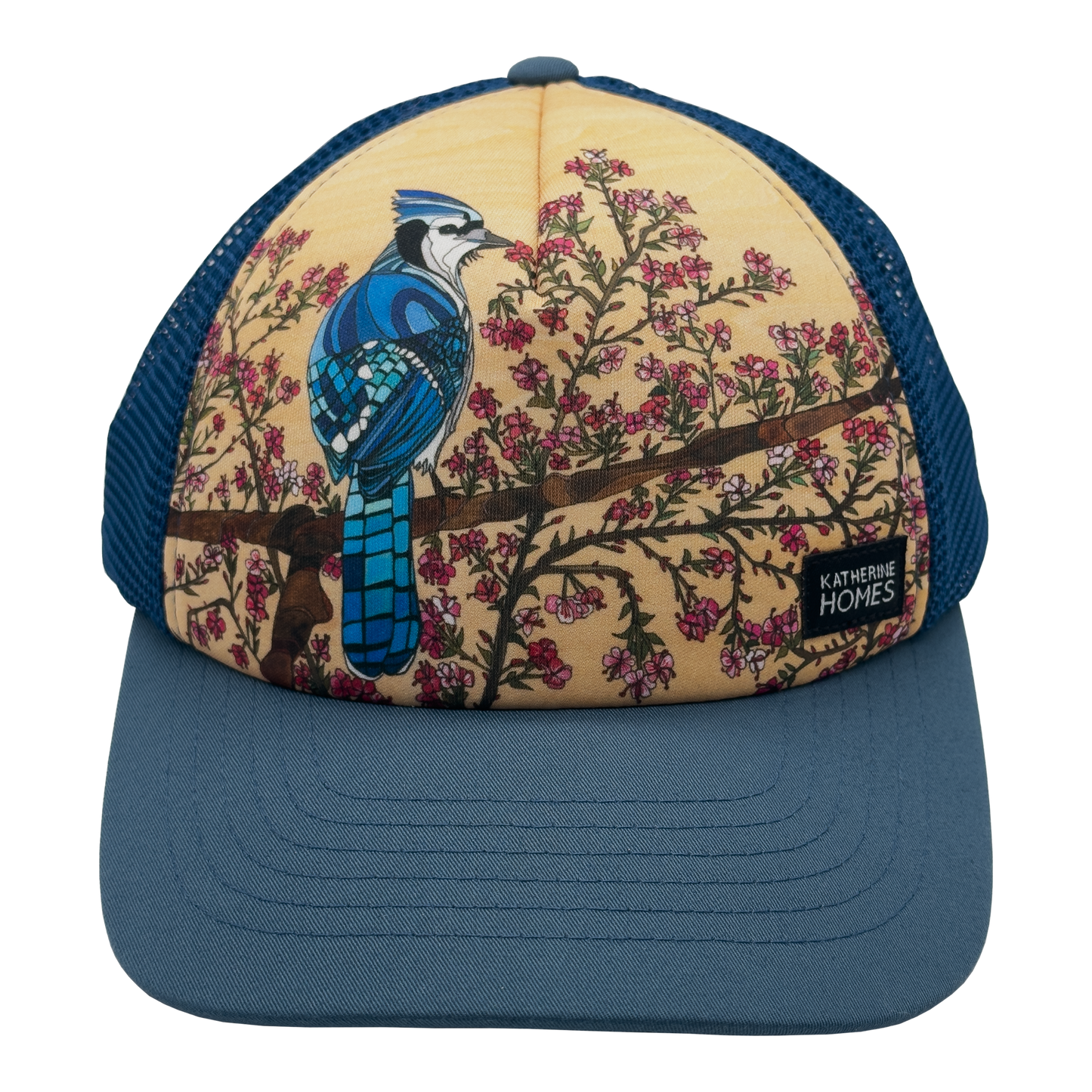 Blue Jay and Cherry Blossom Flowers Trucker Hat Baseball and Mesh Hat by artist  Katherine Homes 