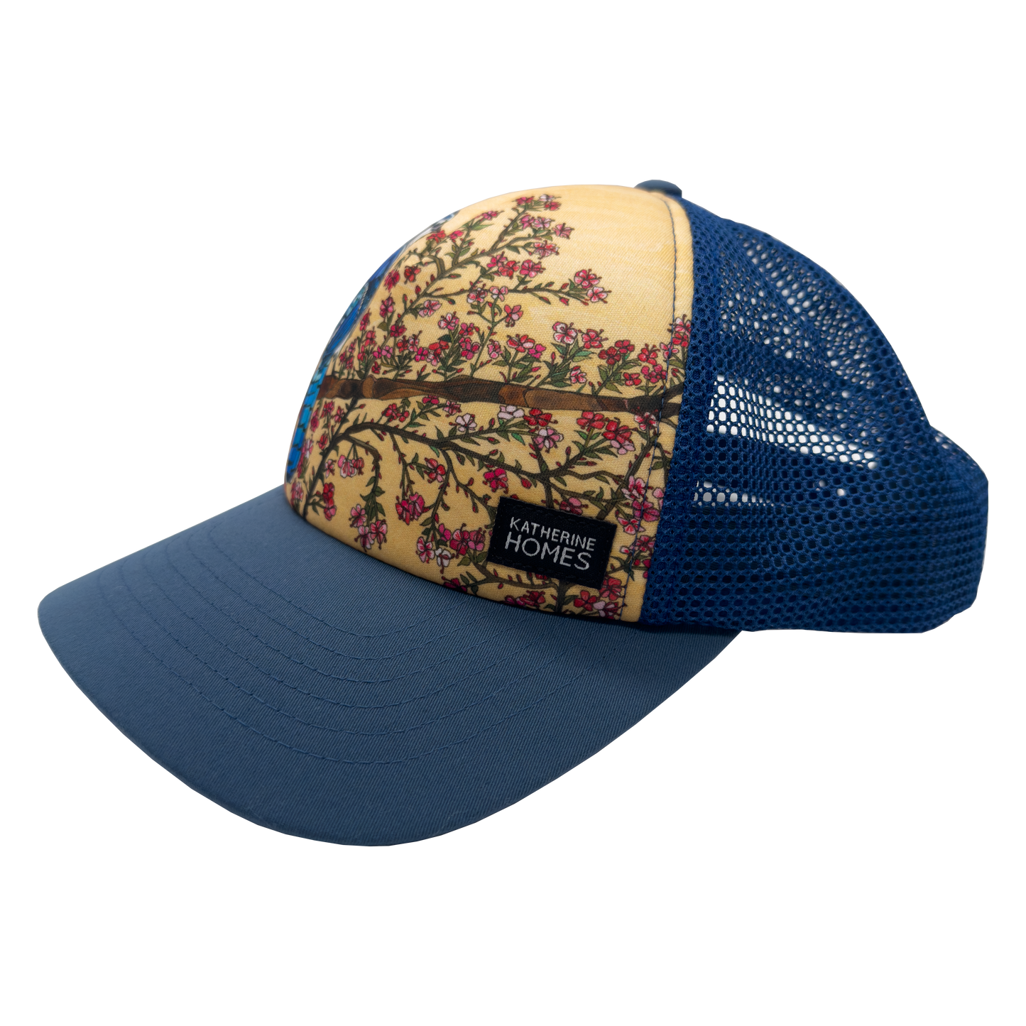 Blue Jay and Cherry Blossom Flowers Trucker Hat Baseball and Mesh Hat by artist  Katherine Homes 